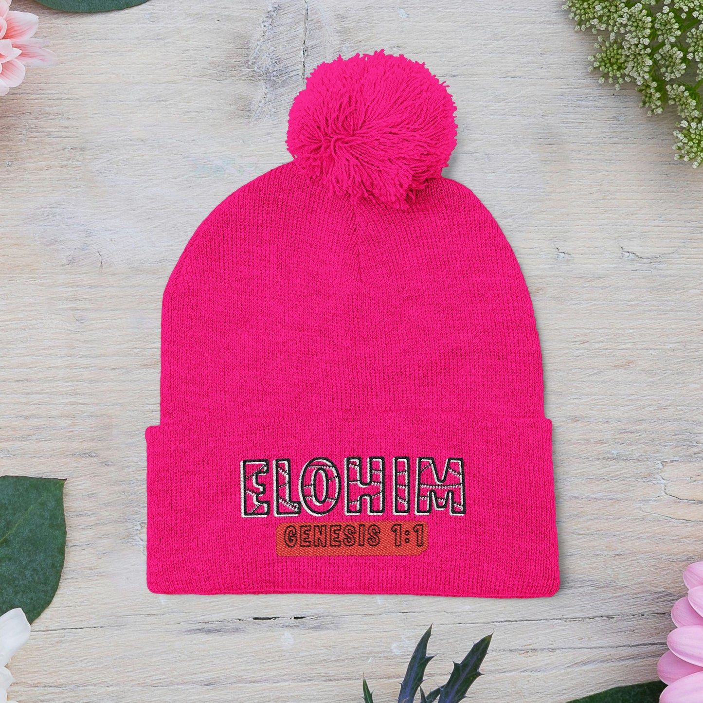 Cozy Pom-Pom Knit Cap with 'ELOHIM, GENESIS 1:1'  Embroidery Beanie - Stylish Winter Accessory for All Ages, Perfect Gift for Birthdays, Holidays, and Outdoor Activities