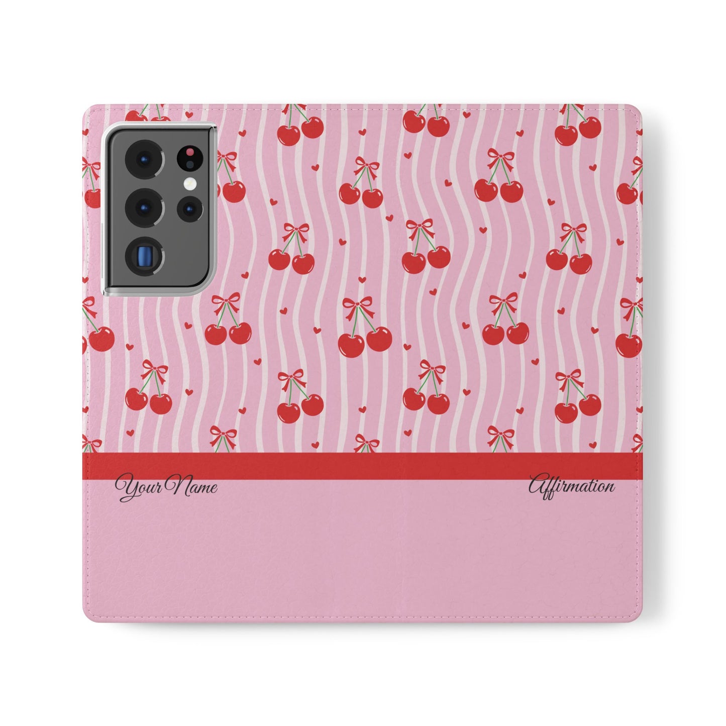 Personalized Cherry Blossom Dreams Flip iPhone and Samsung Cases — Wallet Folio with Name & Affirmation.