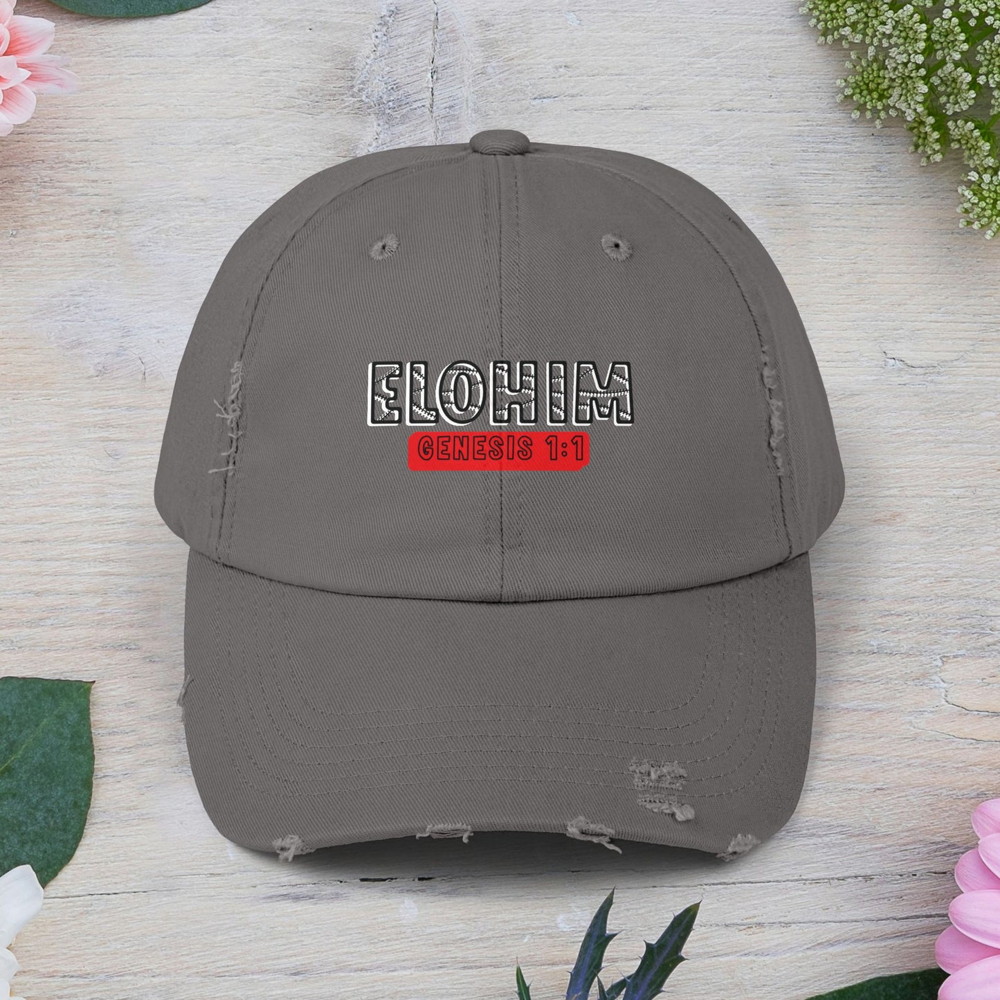 'ELOHIM, GENESIS 1:1- Distressed Cap – Unisex Faith-Inspired Hat for Everyday Wear, Bible Verse Cap, Gift for Religious Friends, Casual Accessories