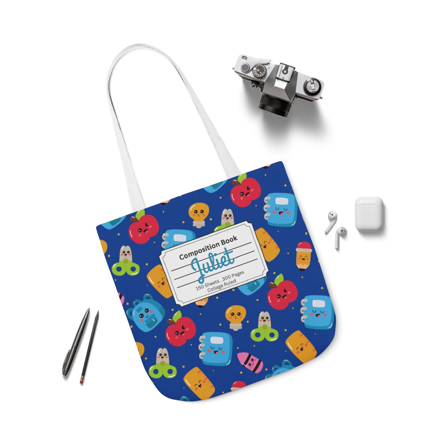 Personalized Blue Kawaii Composition Book Inspired Canvas Tote Bag with Colorful Straps, Cute School Bag, Eco-Friendly Tote, Back to School Shopping Bag, Teacher Gift Idea
