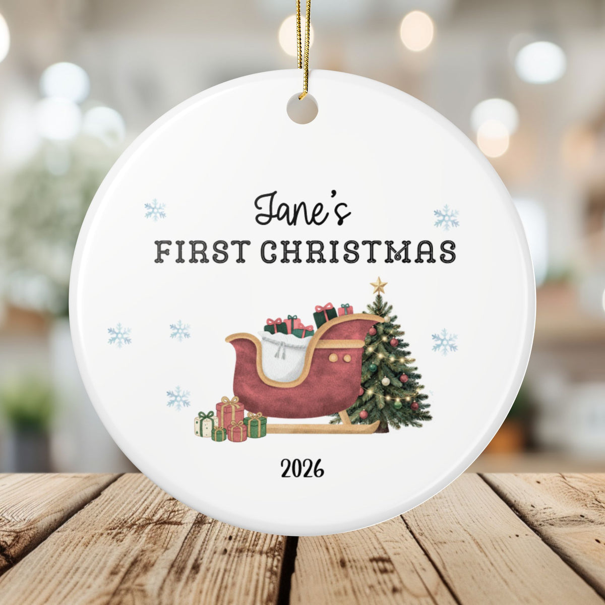 Baby's First Christmas Ornament — Personalized 2026 Ceramic Ornament with Sleigh & Tree