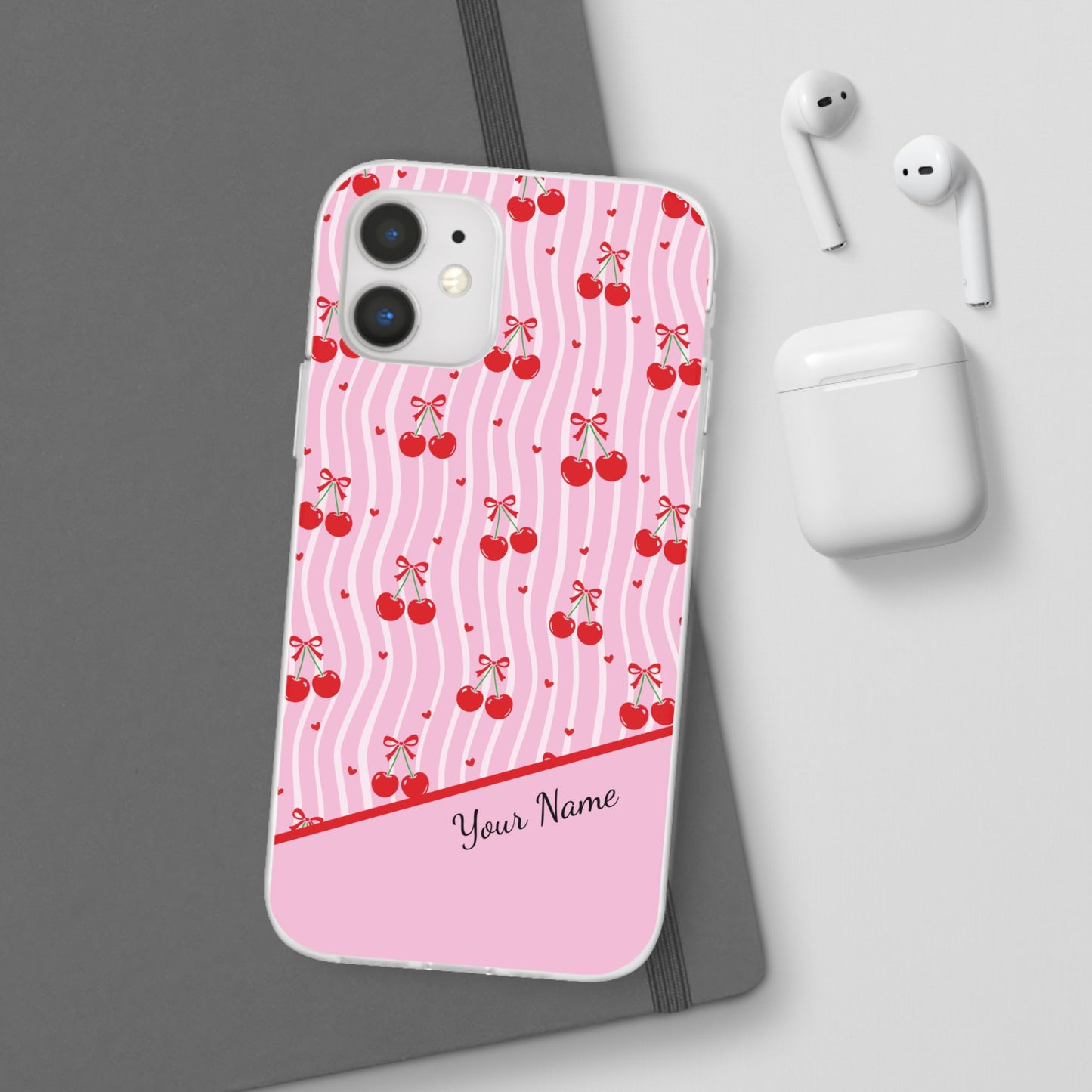 Personalized Cherry Blossom Dreams Flexi Case — Pink Retro Cherry iPhone® 7/8, 11, 12, 13, 14, 15, 16, 17, X/XS, SE, XR, Mini, Pro, Pro Max, Plus Cases.