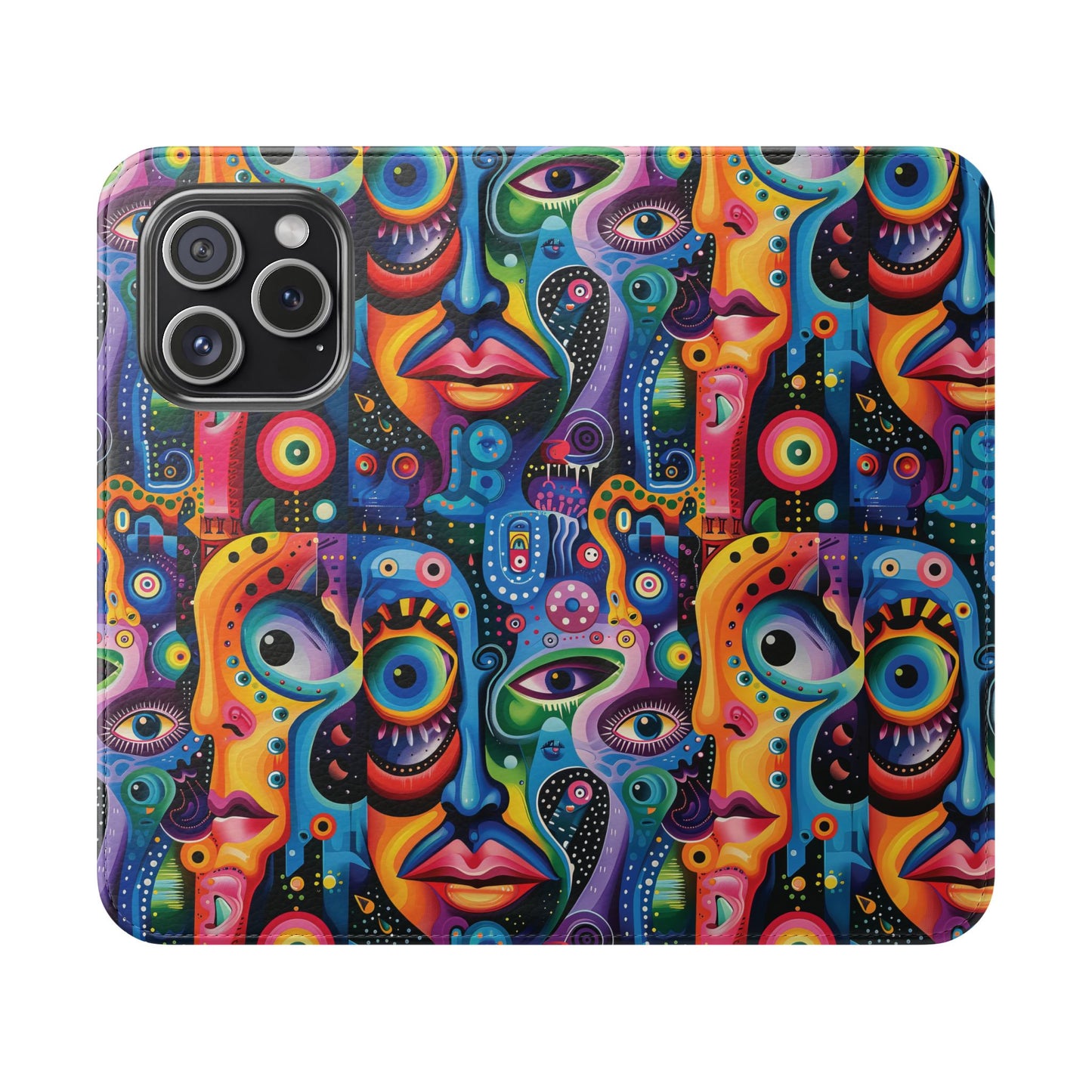 Psychedelic Visions Vibrant Art Flip iPhone and Samsung Phone Case - Colorful Faces Design for Phone Protection