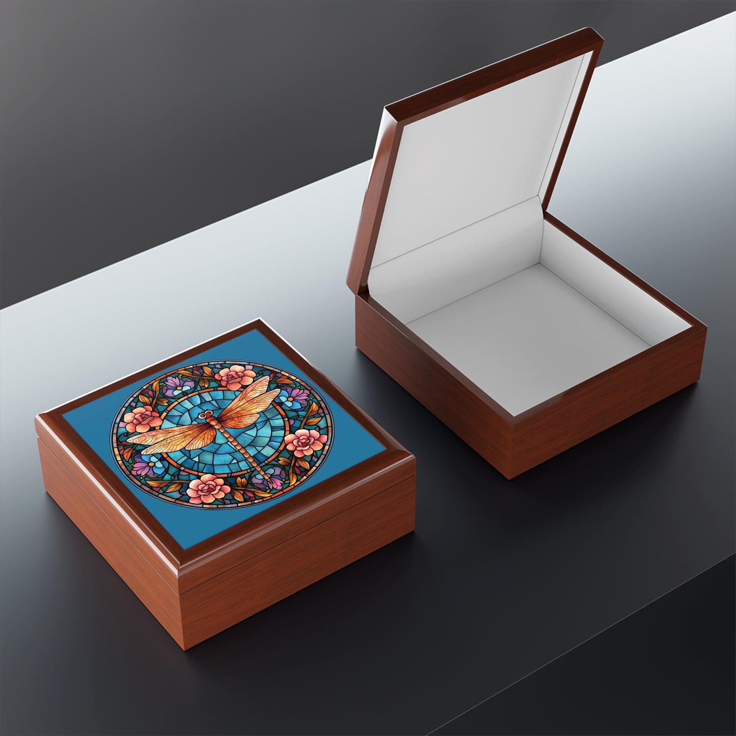 Dragonfly Stained Glass Jewelry Box — Floral Keepsake Box