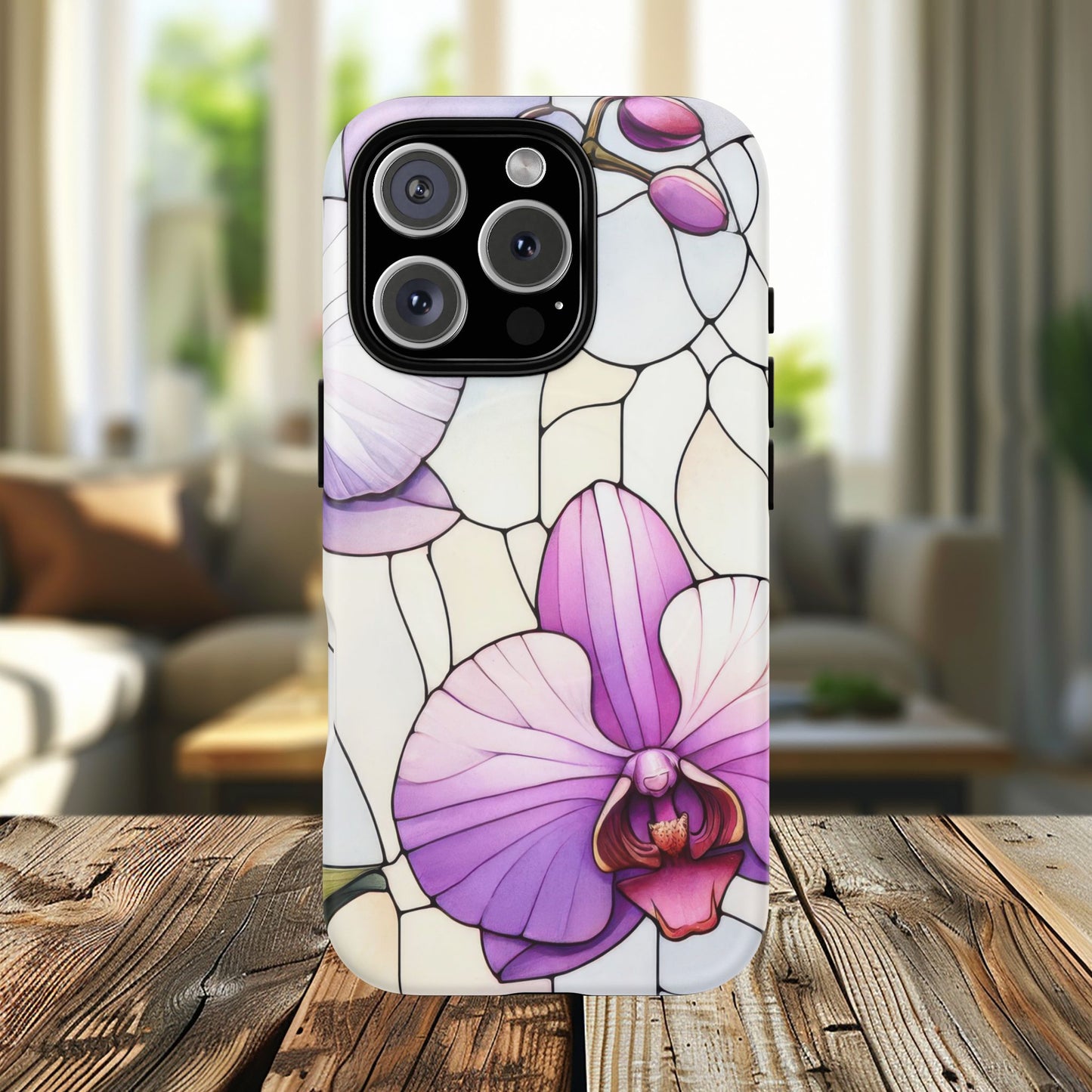 Orchid Grace Tough iPhone Magnetic Case, Protective iPhone Cover, Trendy Stained Glass Design, Floral Gift, Unique iPhone Accessory, Durable iPhone Case