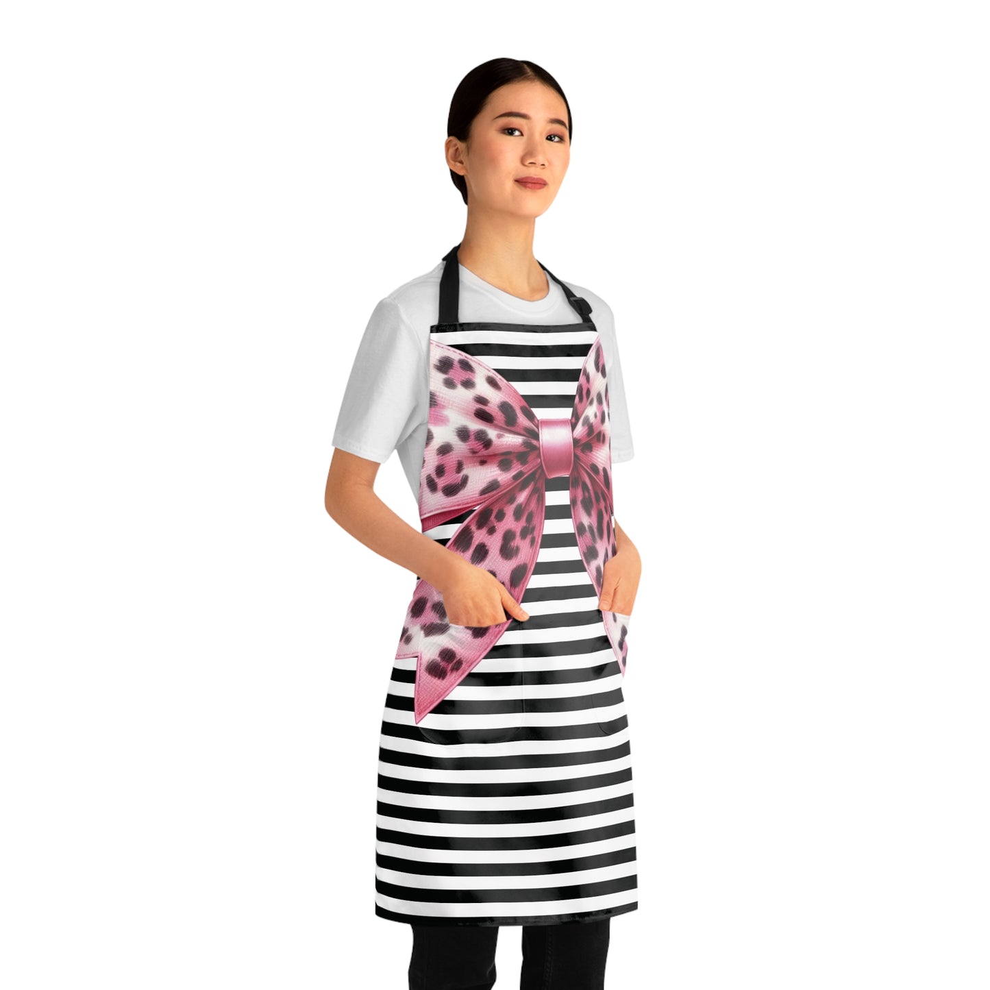 Striped Pink Animal Print Bow Grilling Apron with Tie Straps (AOP).