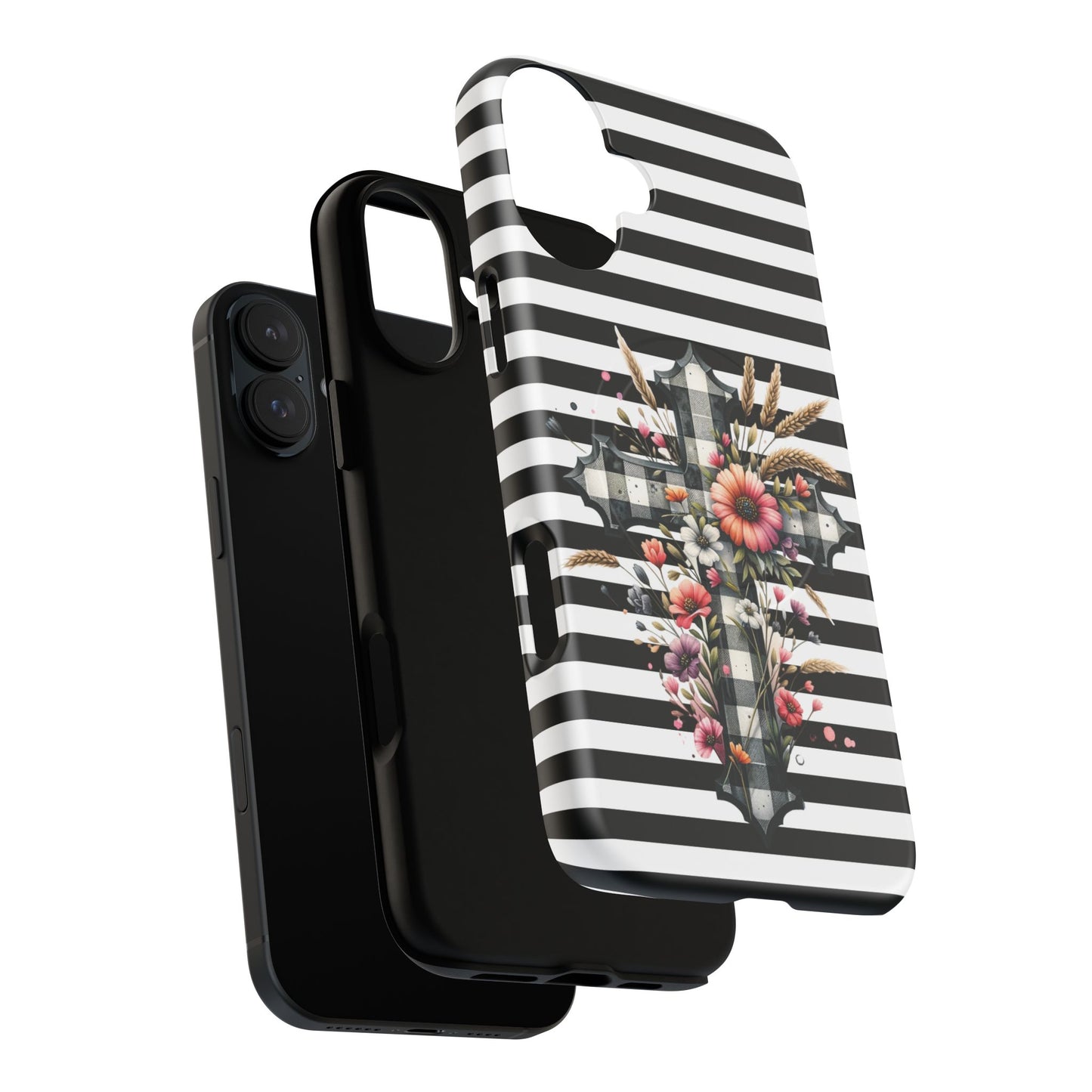 Grace in Bloom Tough Magnetic iPhone Case with Floral Cross Design, Boho iPhone Cover, Striped iPhone Case, Unique Religious Gift, Trendy Cell iPhone Accessory.