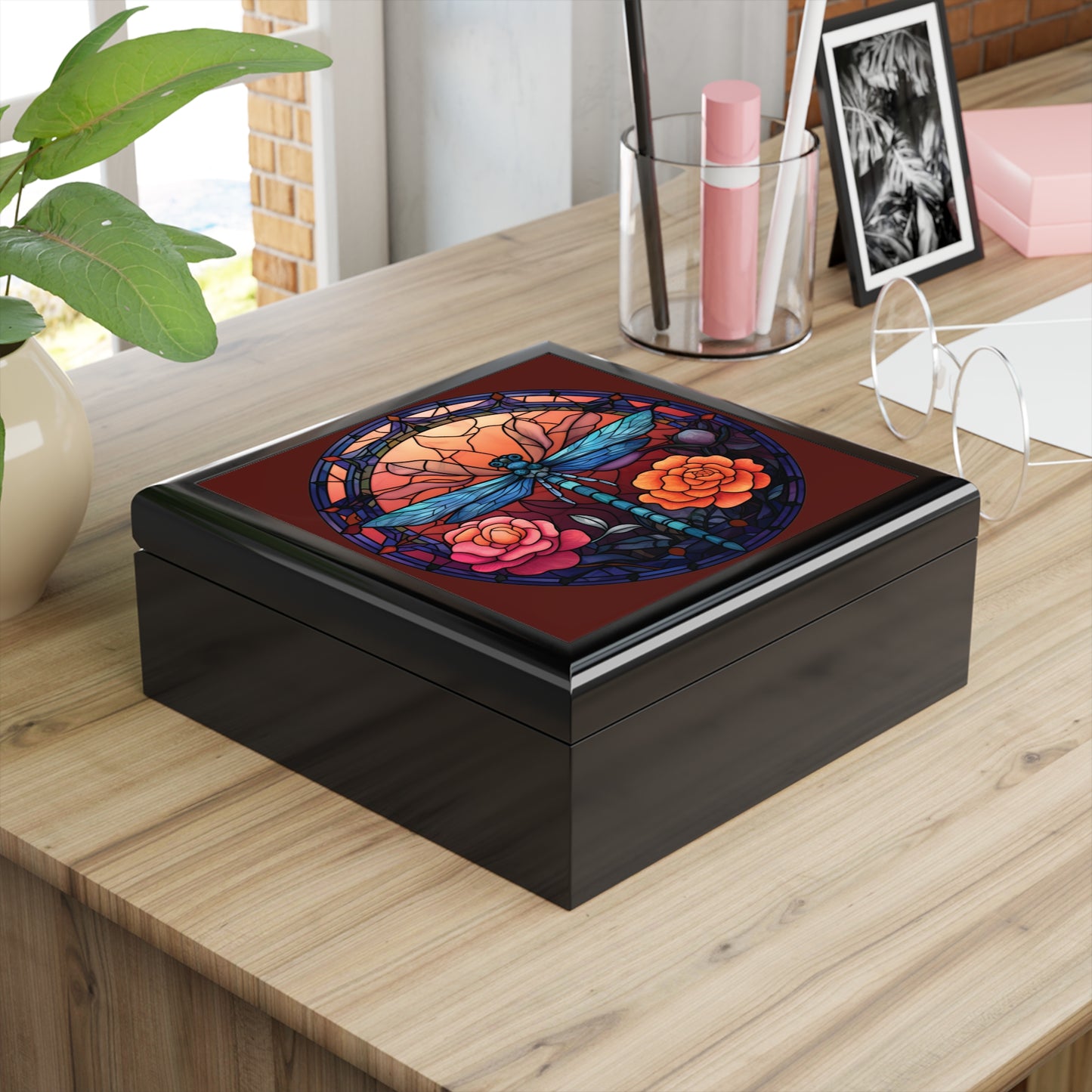Dragonfly Stained Glass Jewelry Box — Floral Keepsake Gift