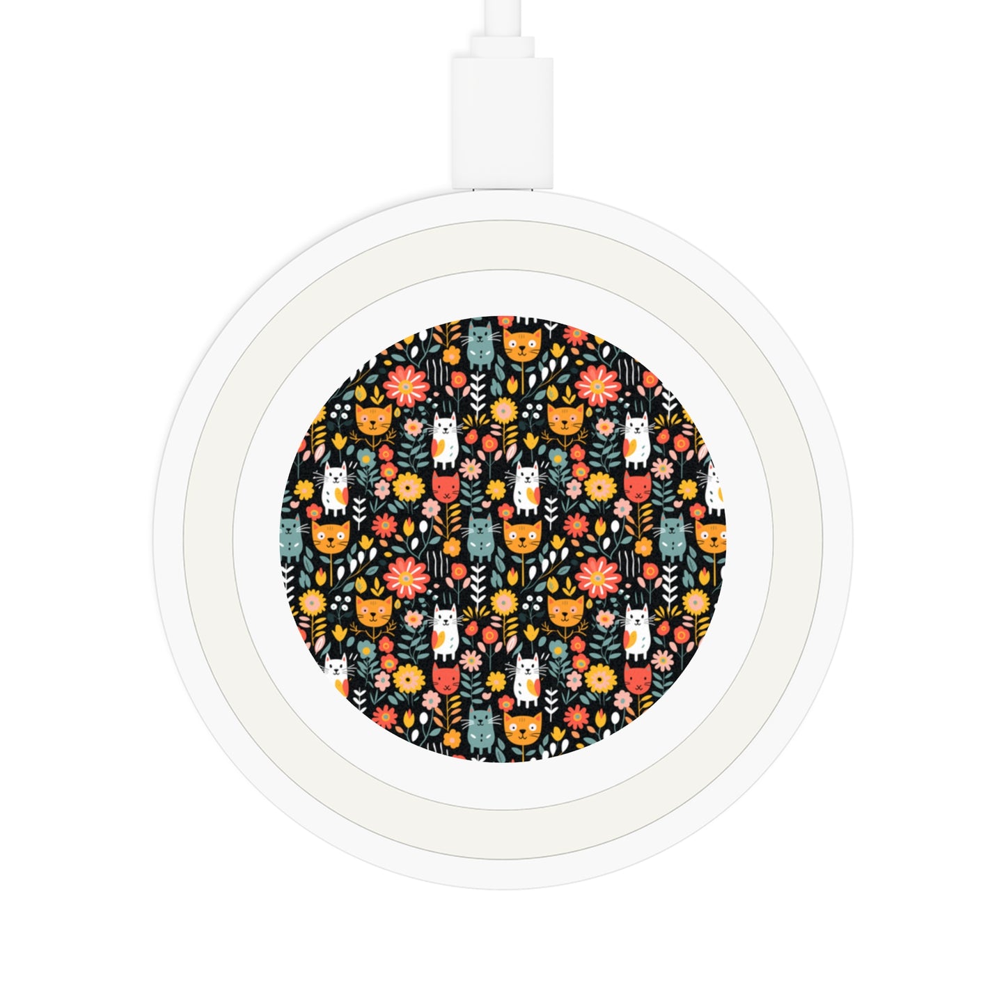 Whimsical Feline Garden Print Wireless Charging Pad - Eco-Friendly Tech Accessory