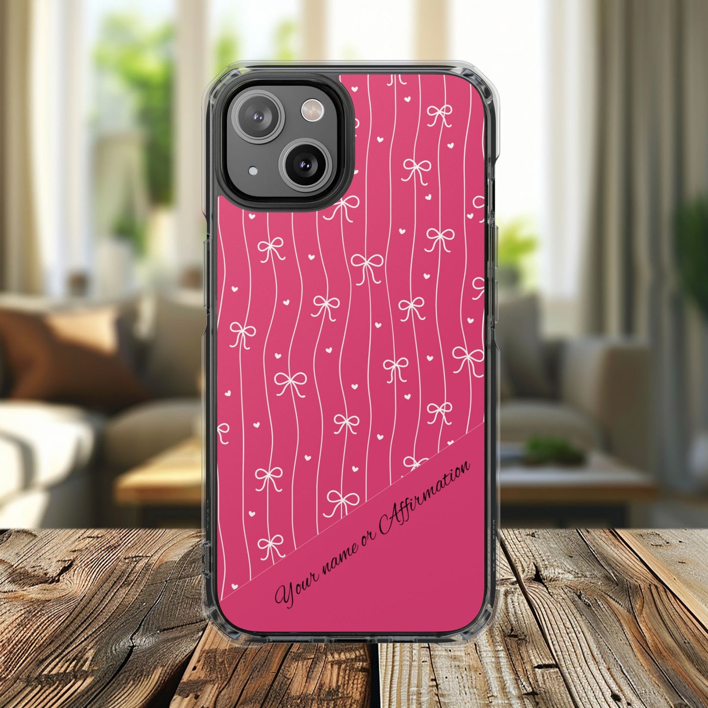 Personalized Pink Bow Coquette Tough Magnetic MagSafe® Clear iPhone Case  iPhone® 13, 14, iPhone 15, iPhone 16, iPhone 17, Pro, Pro Max, Plus Cases.