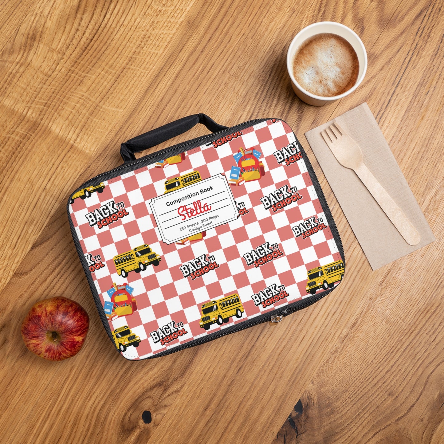 Personalized Red SchoolYard Chic Composition Book Inspired Colorful Kids Lunch Bag for School, Snack Bag, Lunch Tote, Lunchbox, Kids' Bag with Fun Back to School Design