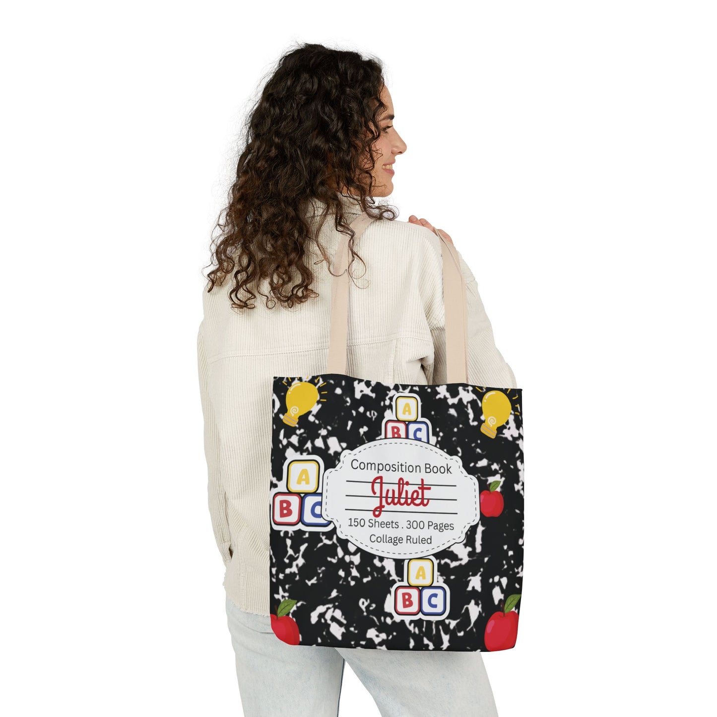 Personalized Black Composition Book Inspired Canvas Tote Bag with Colorful Straps, Cute School Bag, Eco-Friendly Tote, Back to School Shopping Bag, Teacher Gift Idea