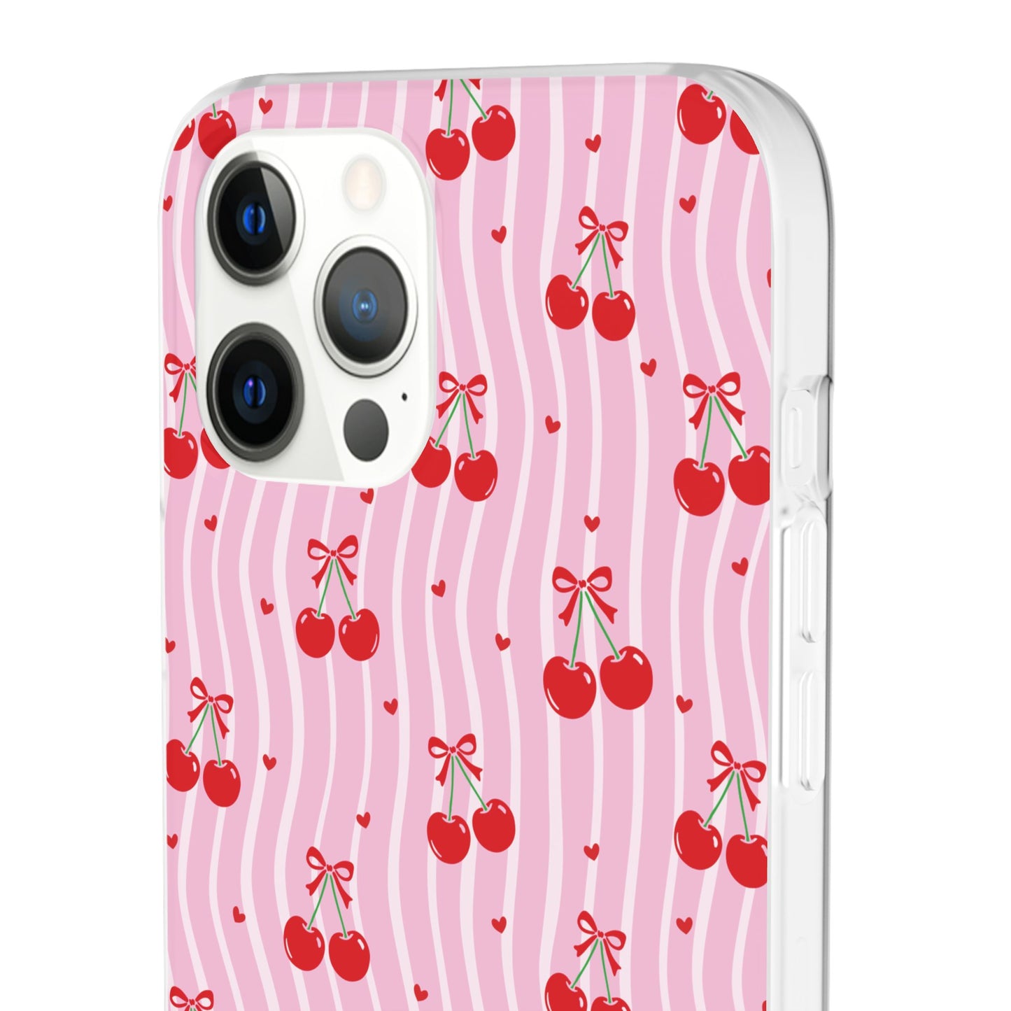 Personalized Cherry Blossom Dreams Flexi Case — Pink Retro Cherry iPhone® 7/8, 11, 12, 13, 14, 15, 16, 17, X/XS, SE, XR, Mini, Pro, Pro Max, Plus Cases.