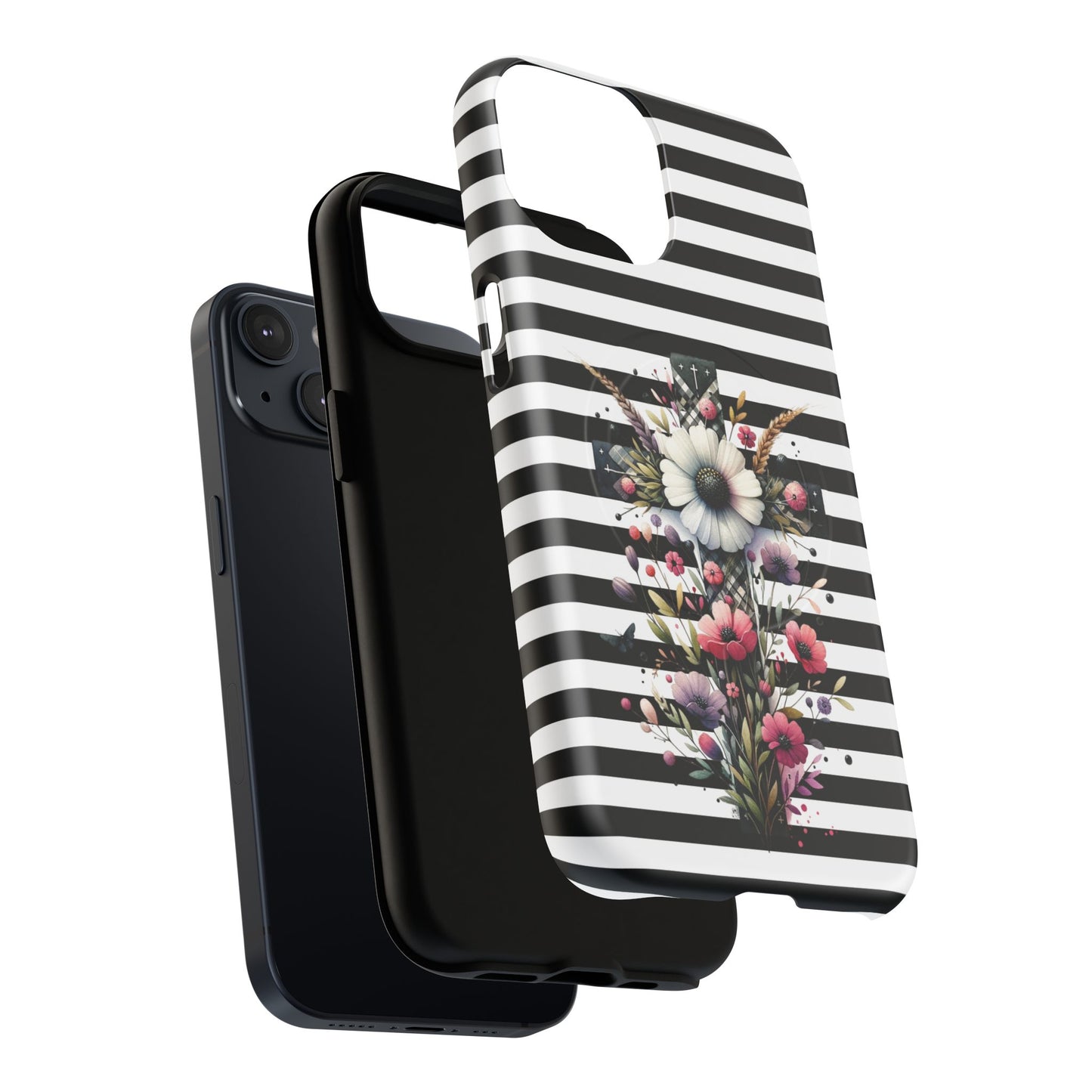 Faith in Bloom Tough iPhone Magnetic Case, iPhone Accessories, Floral iPhone Cover, Durable Cases for Gifts, Black and White Stripes