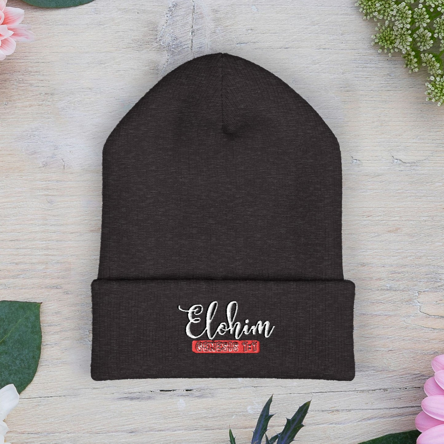 Embroidered 'ELOHIM, GENESIS 1:1' Classic Cuffed Beanie - Cozy Winter Hat, Streetwear Accessory, Personalized Gifts, Religious Apparel, Unisex Beanie