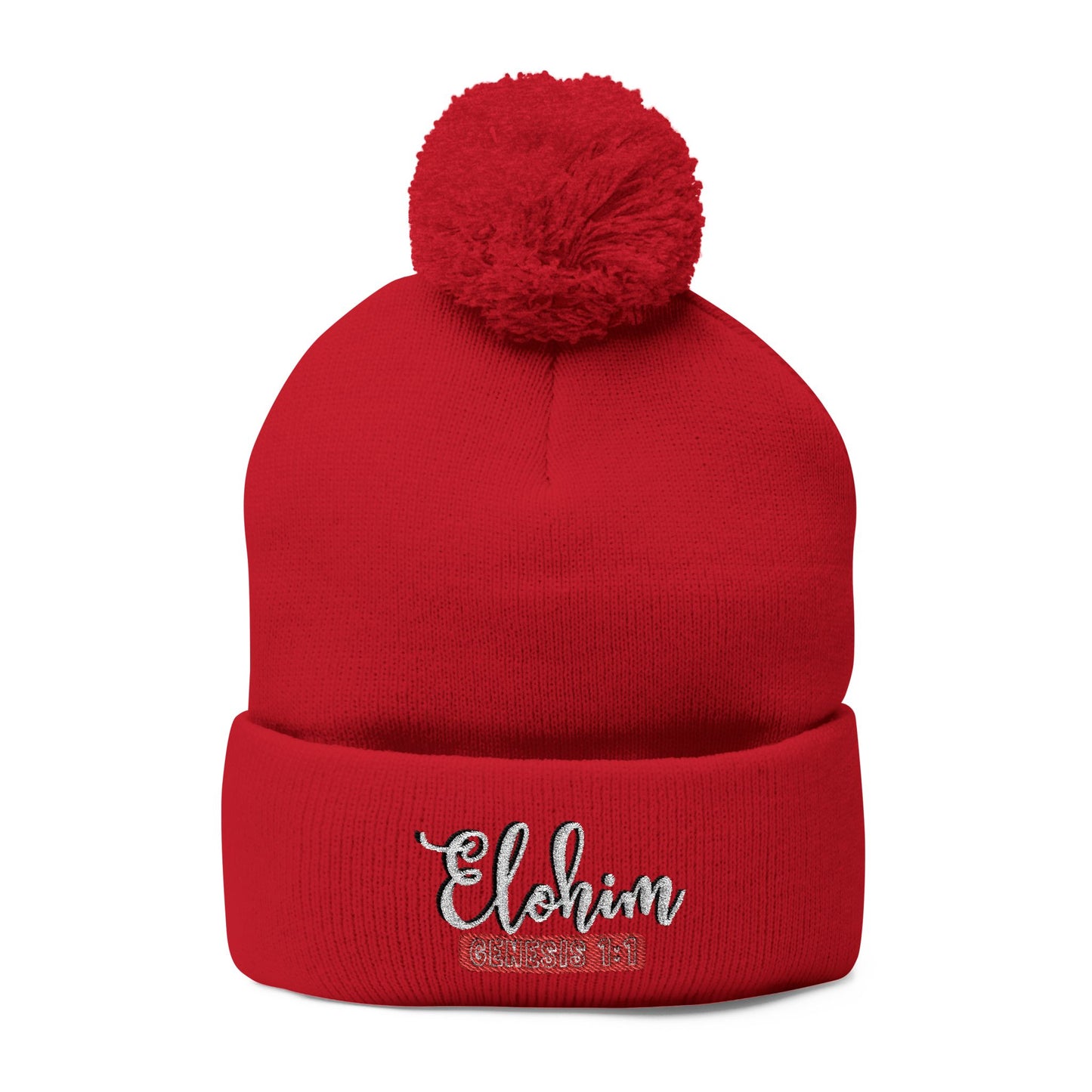 Pom-Pom Knit Cap with 'ELOHIM, GENESIS 1:1'  Embroidery Beanie - Stylish Winter Accessory for All Ages, Perfect Gift for Birthdays, Holidays, and Outdoor Activities