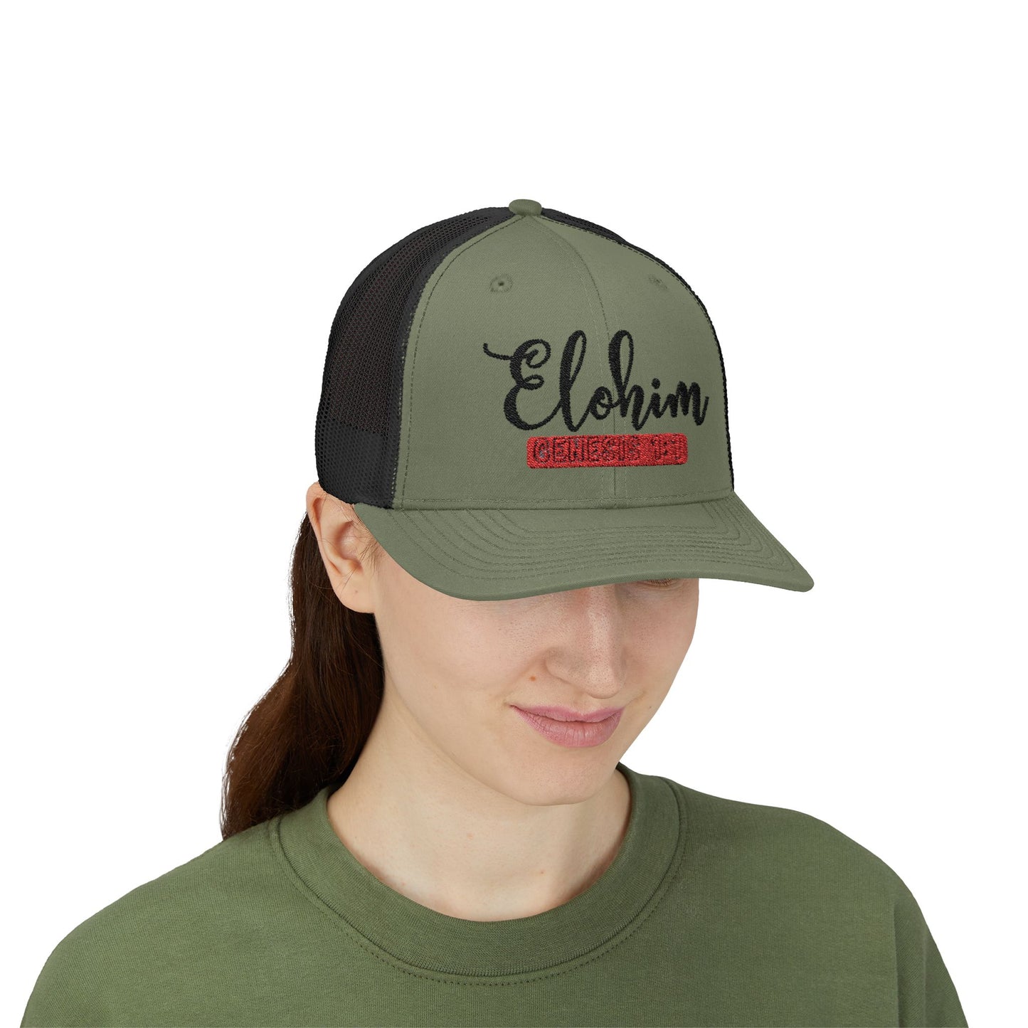 Embroidery 'ELOHIM, GENESIS 1:1' Faith Snapback Trucker Cap - Religious Hat, Stylish Accessory, Gift for Believers, Casual Wear, Outdoor Events, Faith-Based, Name of GOD.