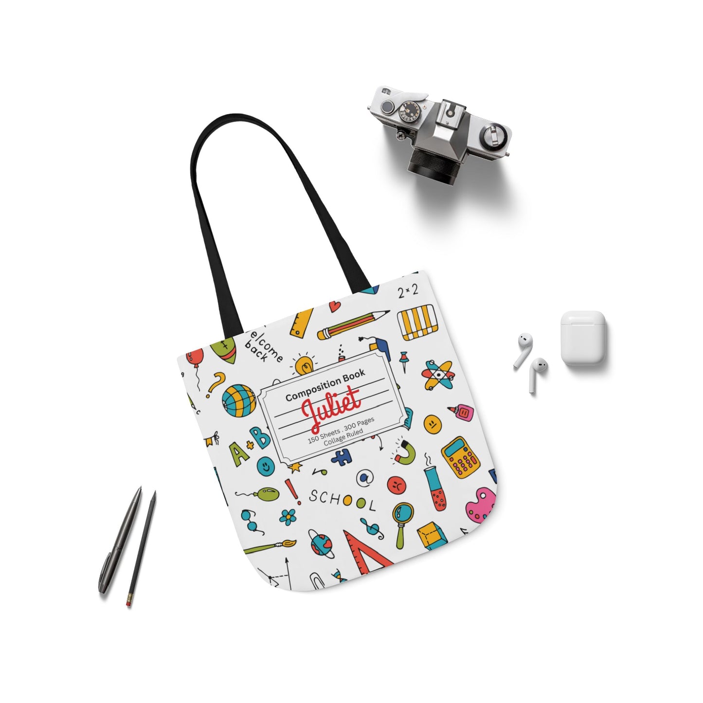 Personalized Classroom Couture Composition Book Inspired Canvas Tote Bag with Colorful Straps, Cute School Bag, Eco-Friendly Tote, Back to School Shopping Bag, Teacher Gift Idea