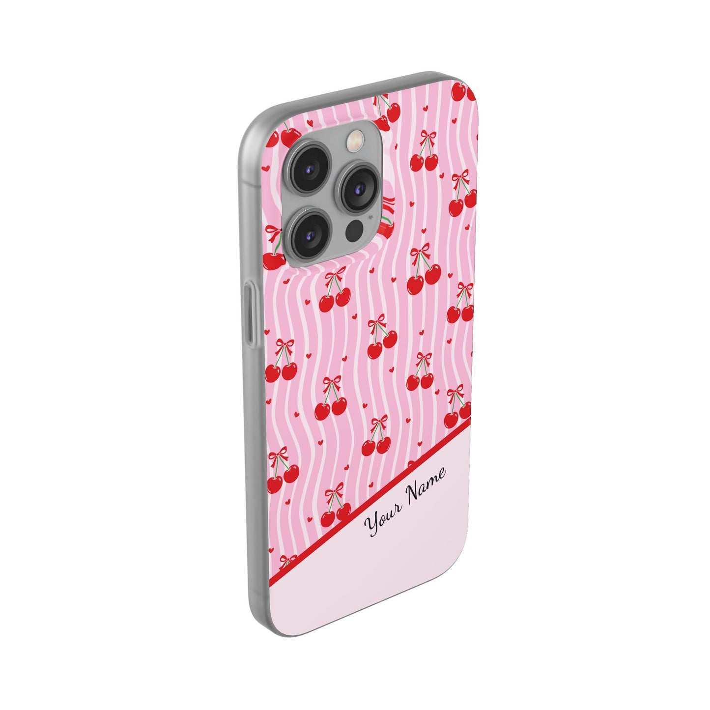 Personalized Cherry Blossom Dreams Flexi Case — Pink Retro Cherry iPhone® 7/8, 11, 12, 13, 14, 15, 16, 17, X/XS, SE, XR, Mini, Pro, Pro Max, Plus Cases.