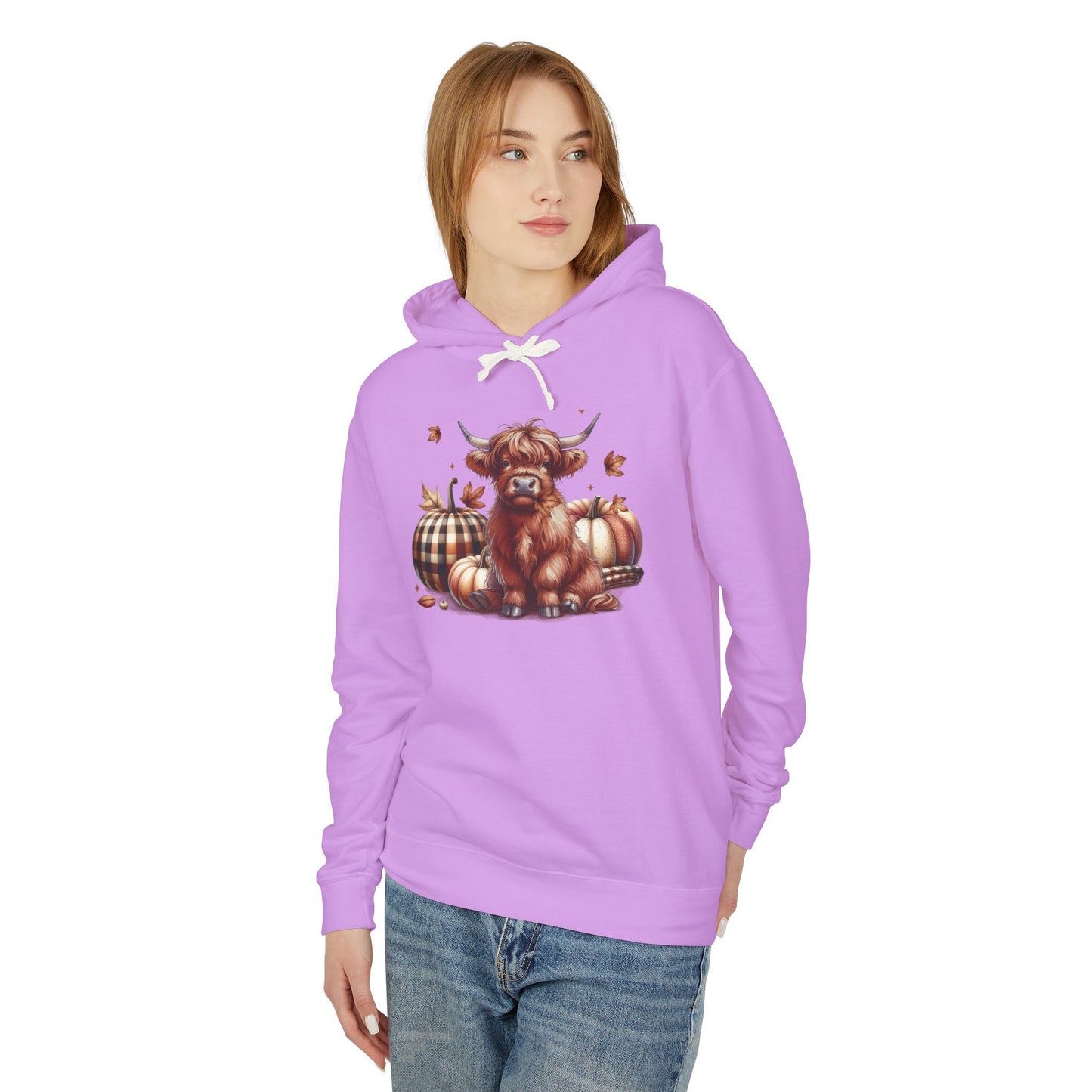 Autumn Highland Cow Charm Lightweight Hooded Sweatshirt