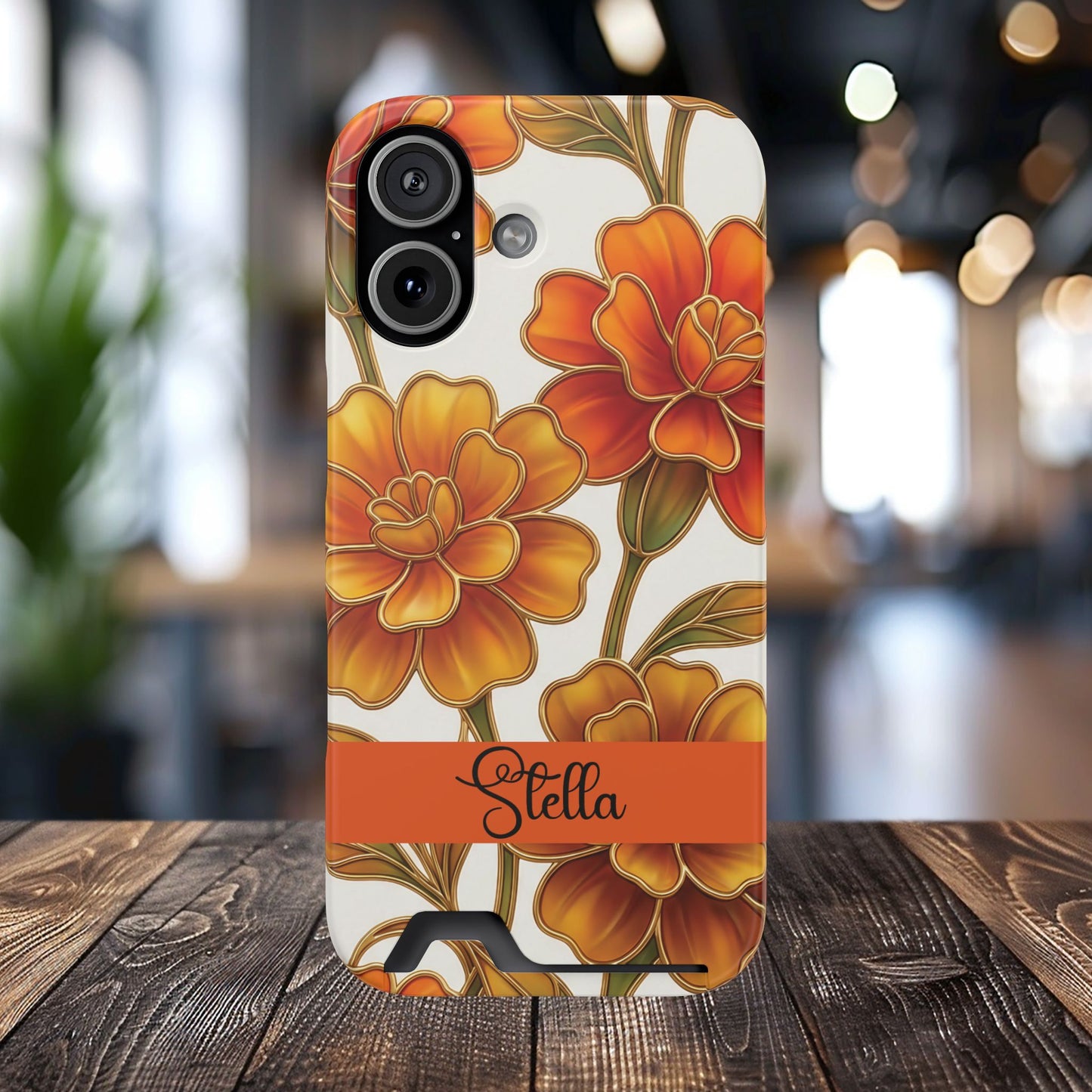 Personalized Orange Stained Glass Effect Marigold Floral Cardholder iPhone and Samsung Case