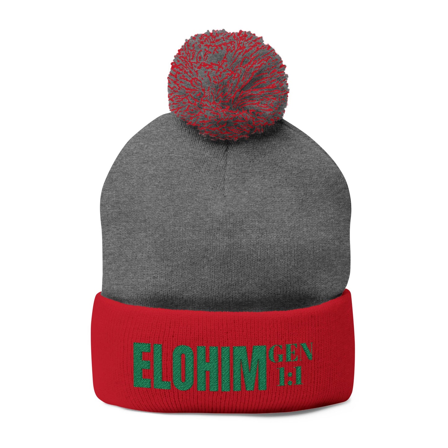Pom-Pom Knit Cap with 'ELOHIM, GENESIS 1:1'  Embroidery Beanie - Stylish Winter Accessory for All Ages, Perfect Gift for Birthdays, Holidays, and Outdoor Activities