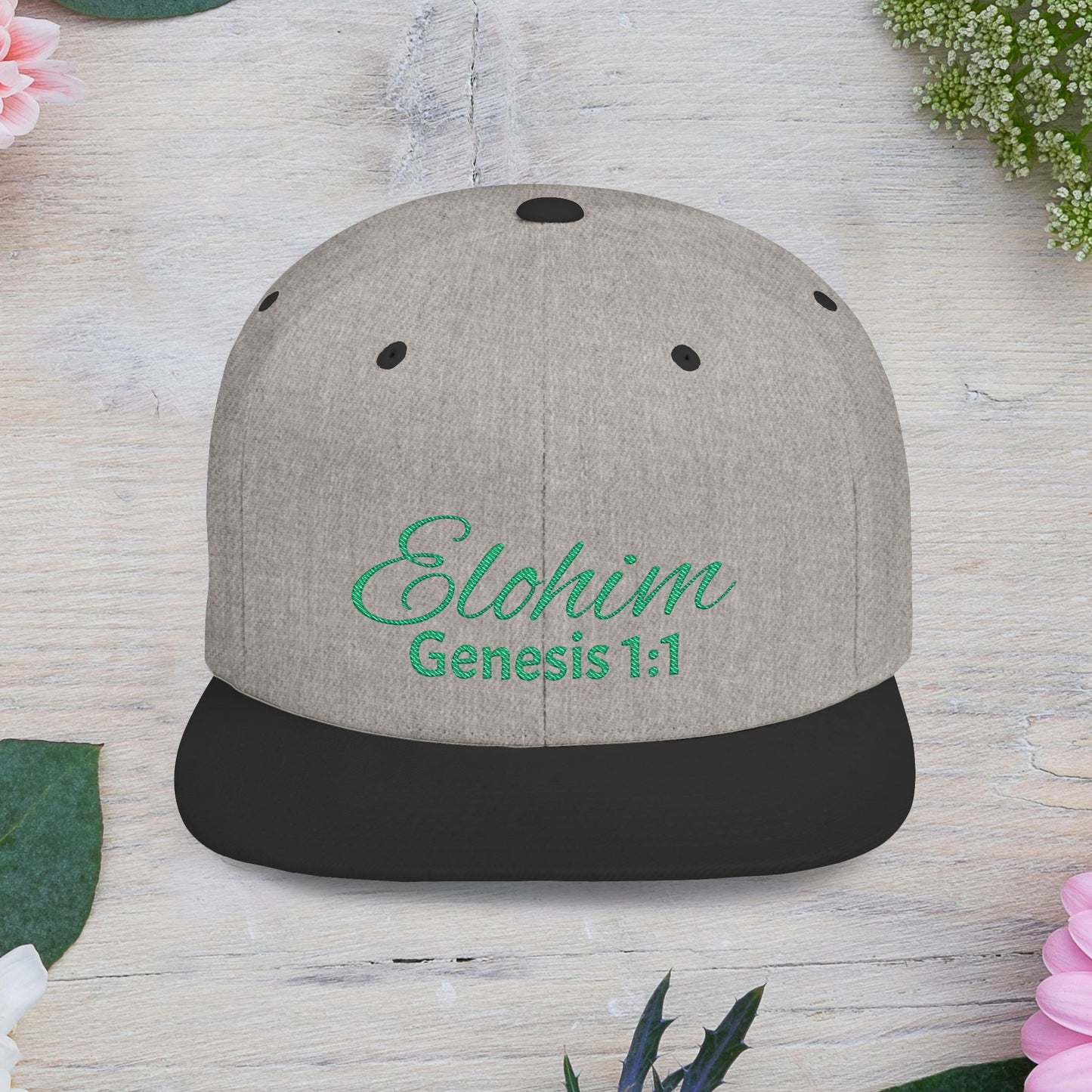 Green Elohim, Genesis 1:1 Snapback Cap - Faith-Inspired Flat Bill Hat, Baseball Hat, Perfect for Gifts, Daily Wear, Spiritual Events.