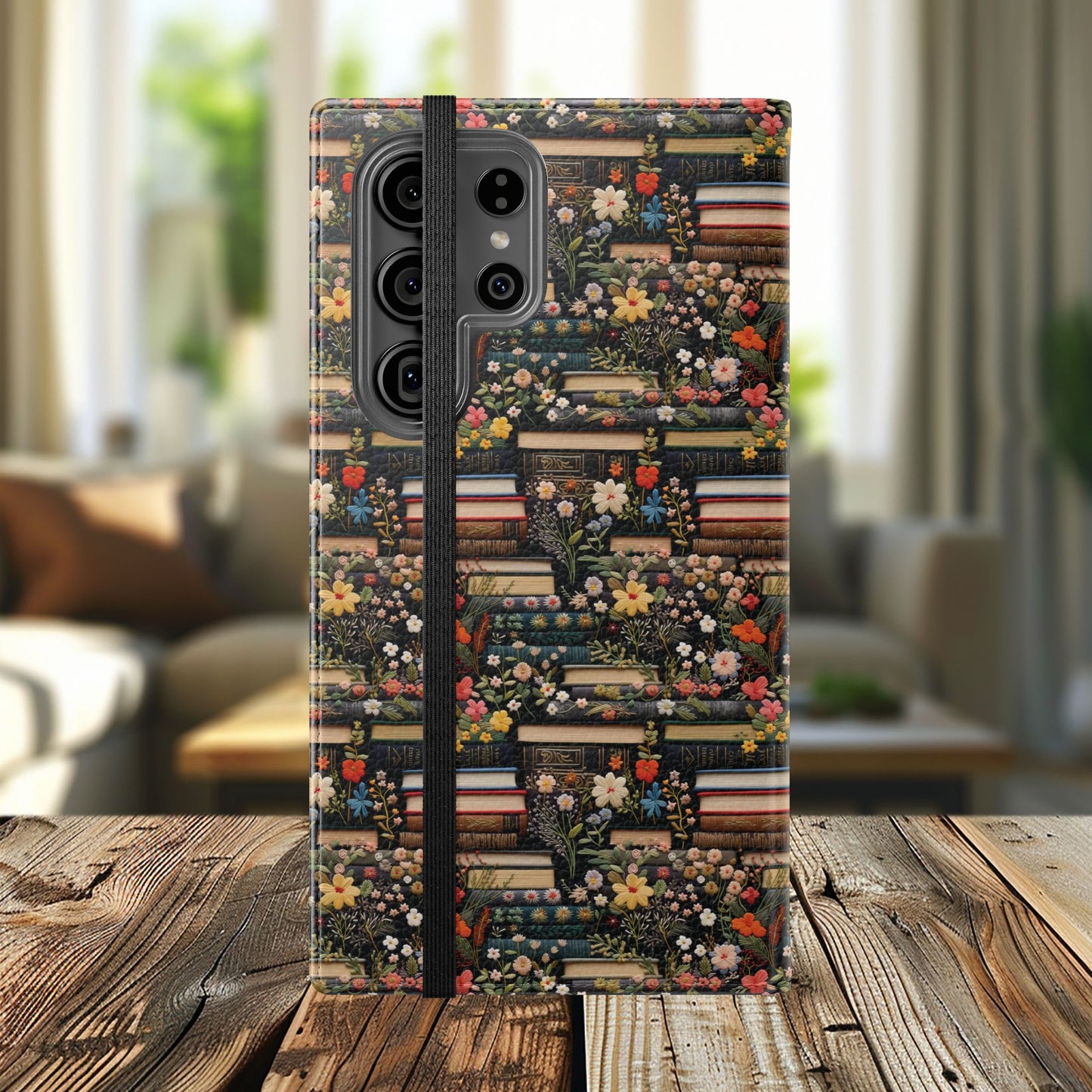 Book Stack Floral Flip iPhone and Samsung Phone Case — Vintage Library Wallet Cover.