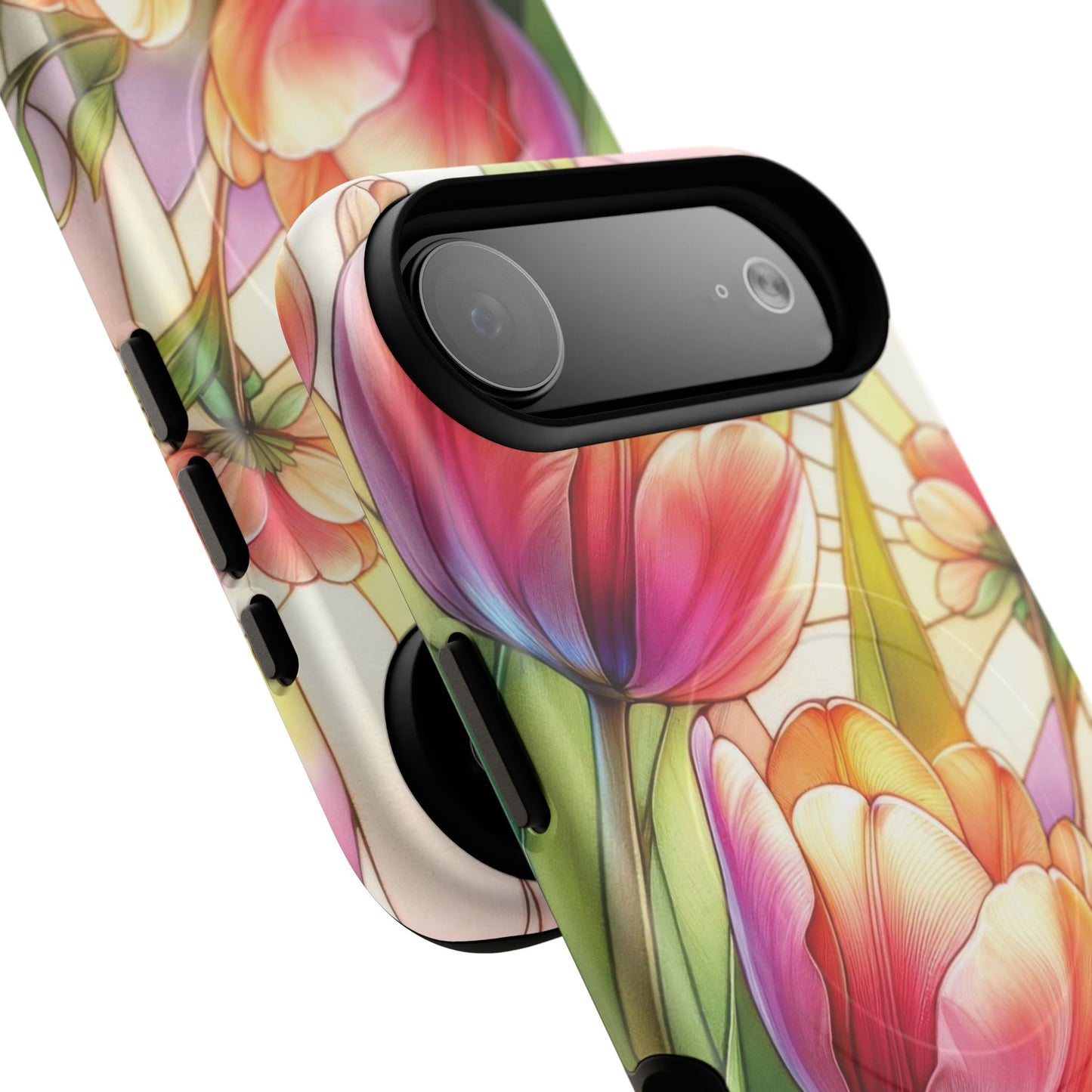 Tulip Glow Tough iPhone Magnetic Case, Floral Design, Spring Gift, Durable Protection, Smartphone Accessories, MagSafe Accessories, Stained Glass Tulip Gift