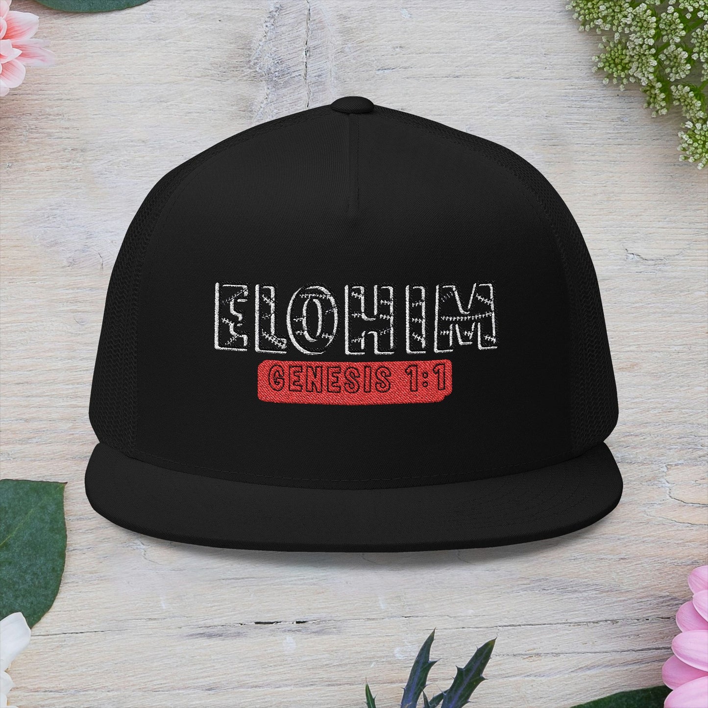 'ELOHIM, GENESIS 1:1'  Embroidered 5 Panel Trucker Cap | Casual Style Hat, Adjustable, Unisex, Perfect Gift for Outdoors, Festivals, Daily Wear