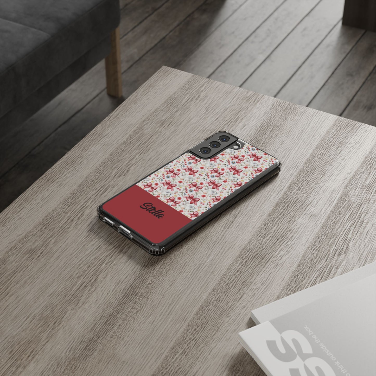 Personalized Rosette Coquette Floral Bow Clear iPhone, Samsung Cases — Custom Name Phone Cover