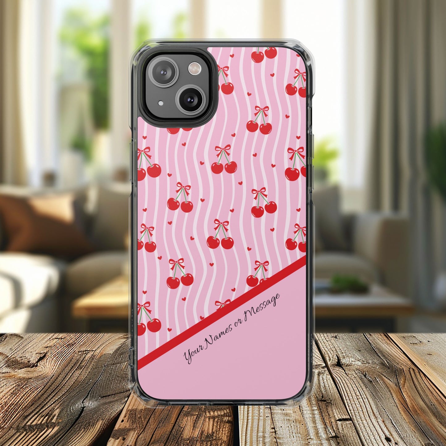 Personalized Cherry Blossom Dreams Clear Magnetic MagSafe iPhone® 13, 14, 15, 16, 17, X/XS, SE, XR, Mini, Pro, Pro Max, Plus Cases. — Customizable Name Accent