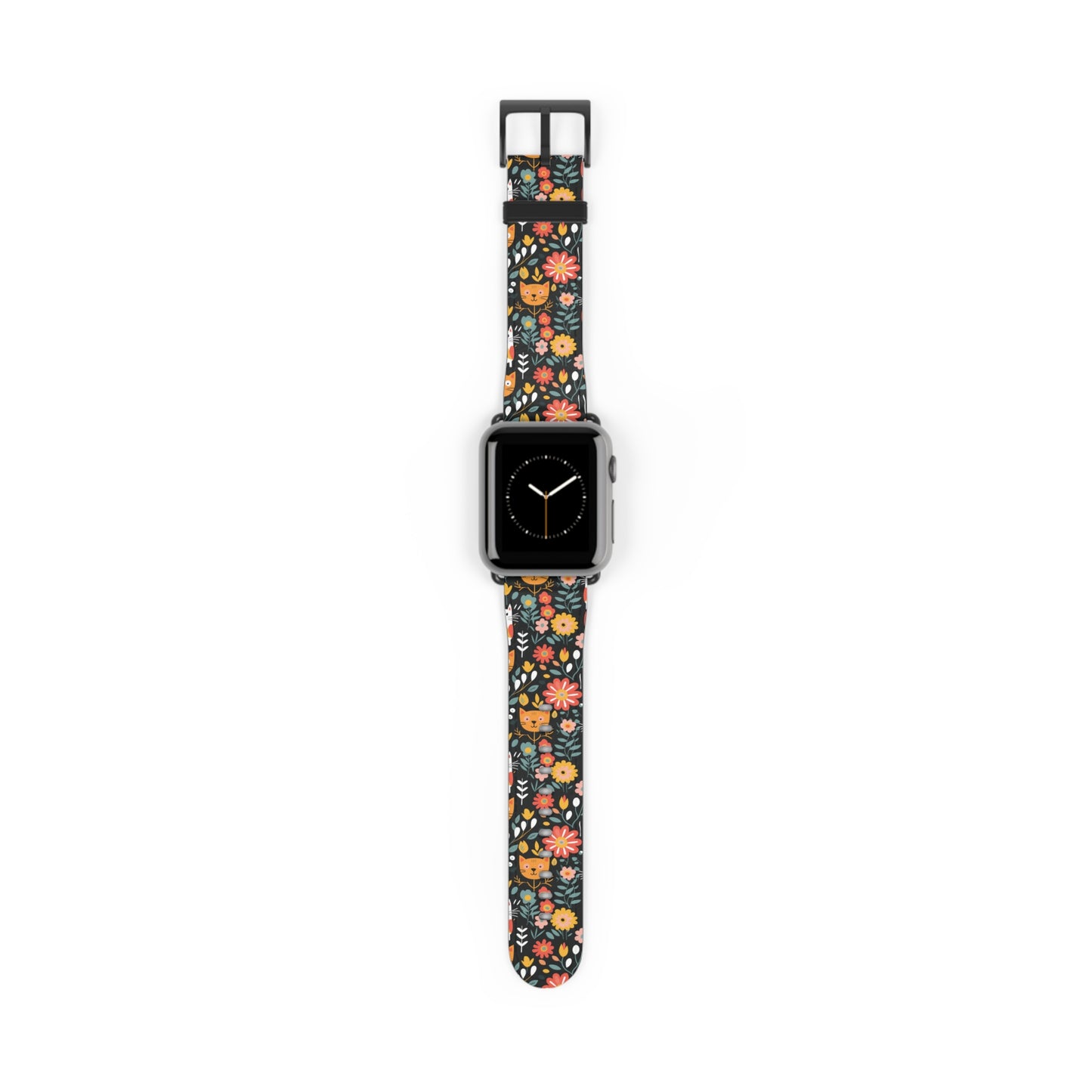 Whimsical Feline Garden Print Watch Band for Apple Watch - Cute Animal Design.