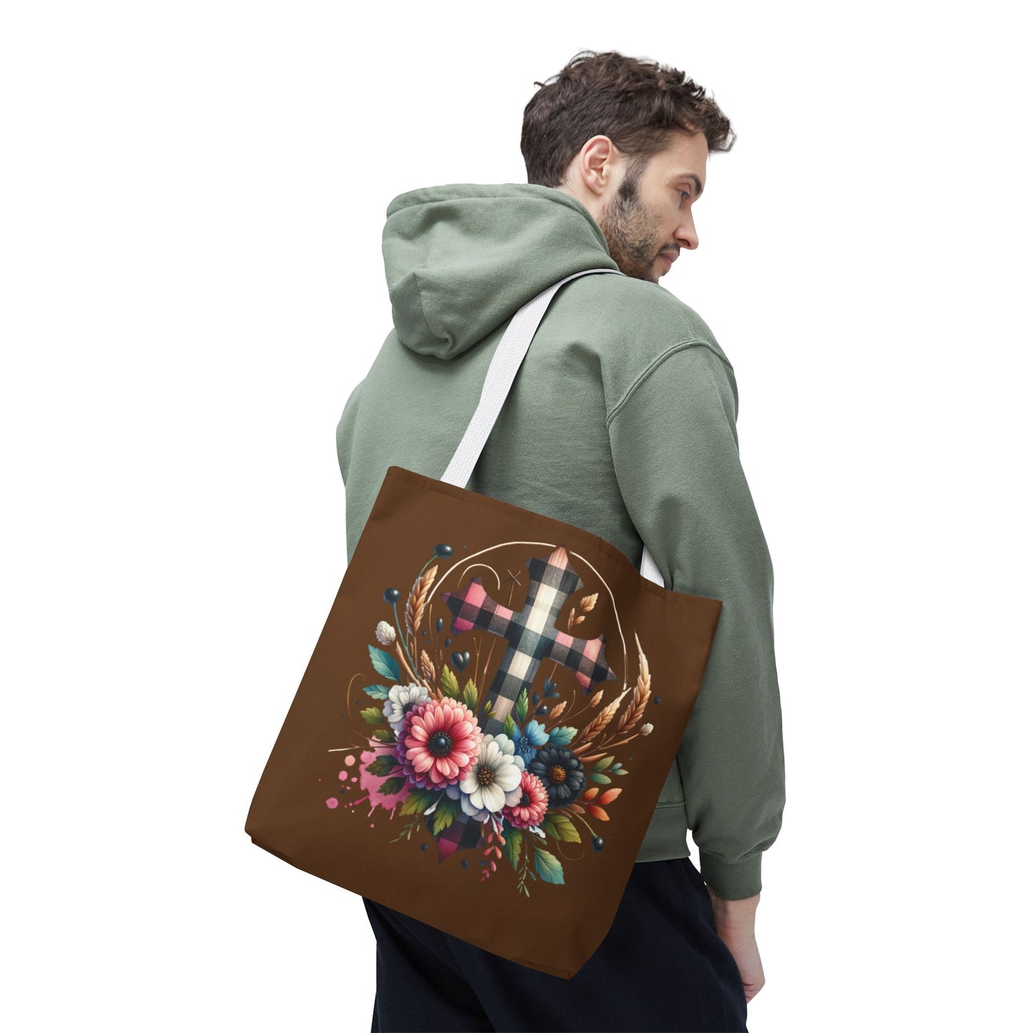 Faith and Floral Cross Heart Tote Bag