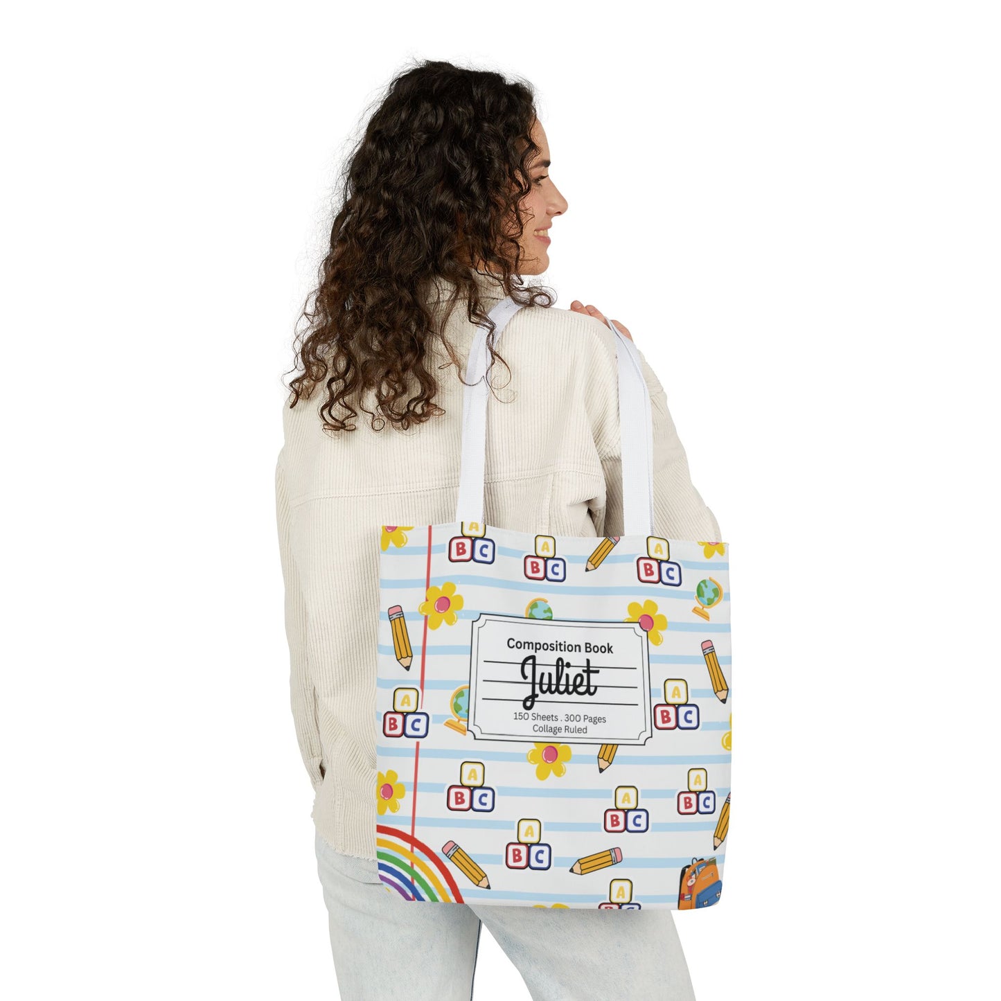 Personalized White Schoolyard Chic Composition Book Inspired Canvas Tote Bag with Colorful Straps, Cute School Bag, Eco-Friendly Tote, Back to School Shopping Bag, Teacher Gift Idea