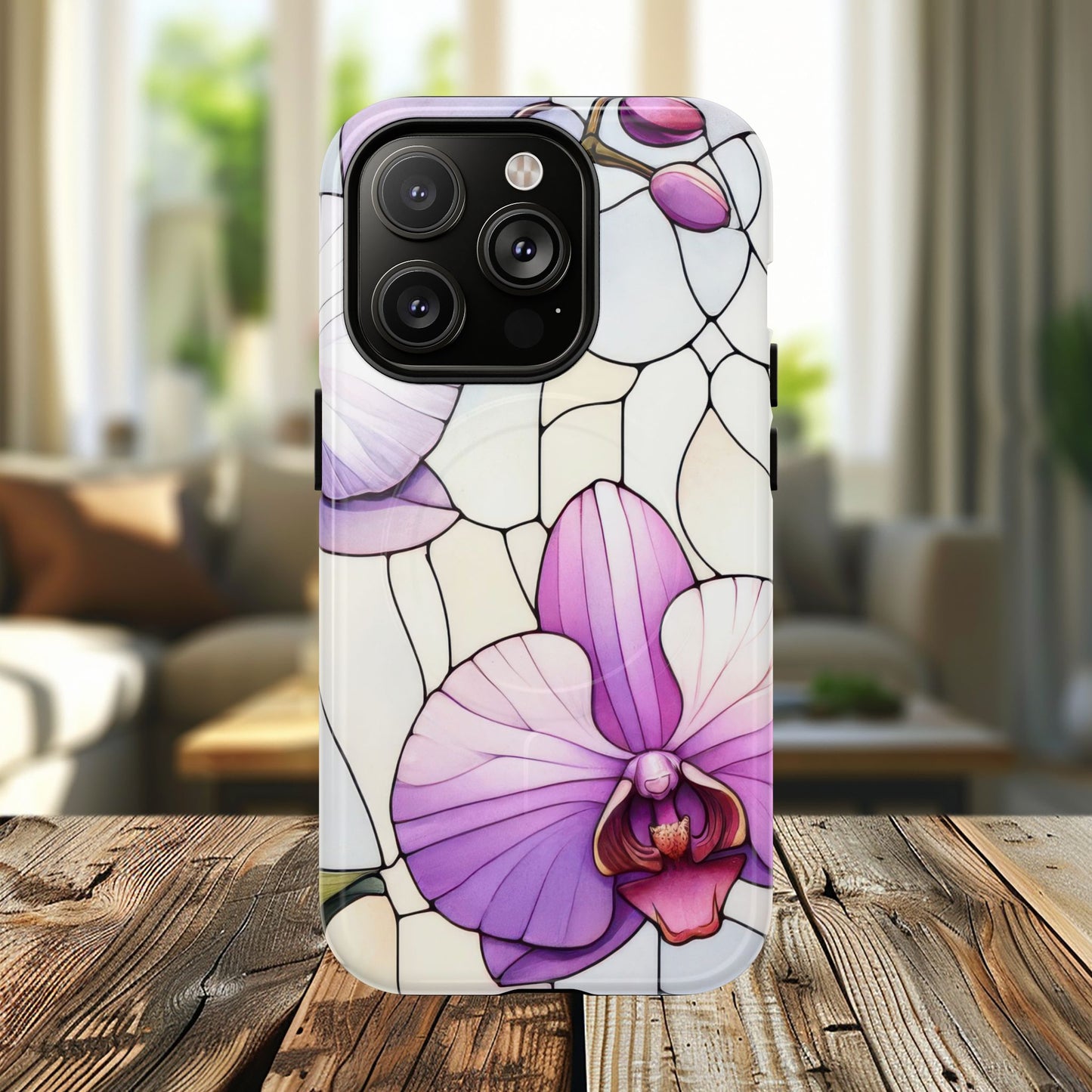 Orchid Grace Tough iPhone Magnetic Case, Protective iPhone Cover, Trendy Stained Glass Design, Floral Gift, Unique iPhone Accessory, Durable iPhone Case