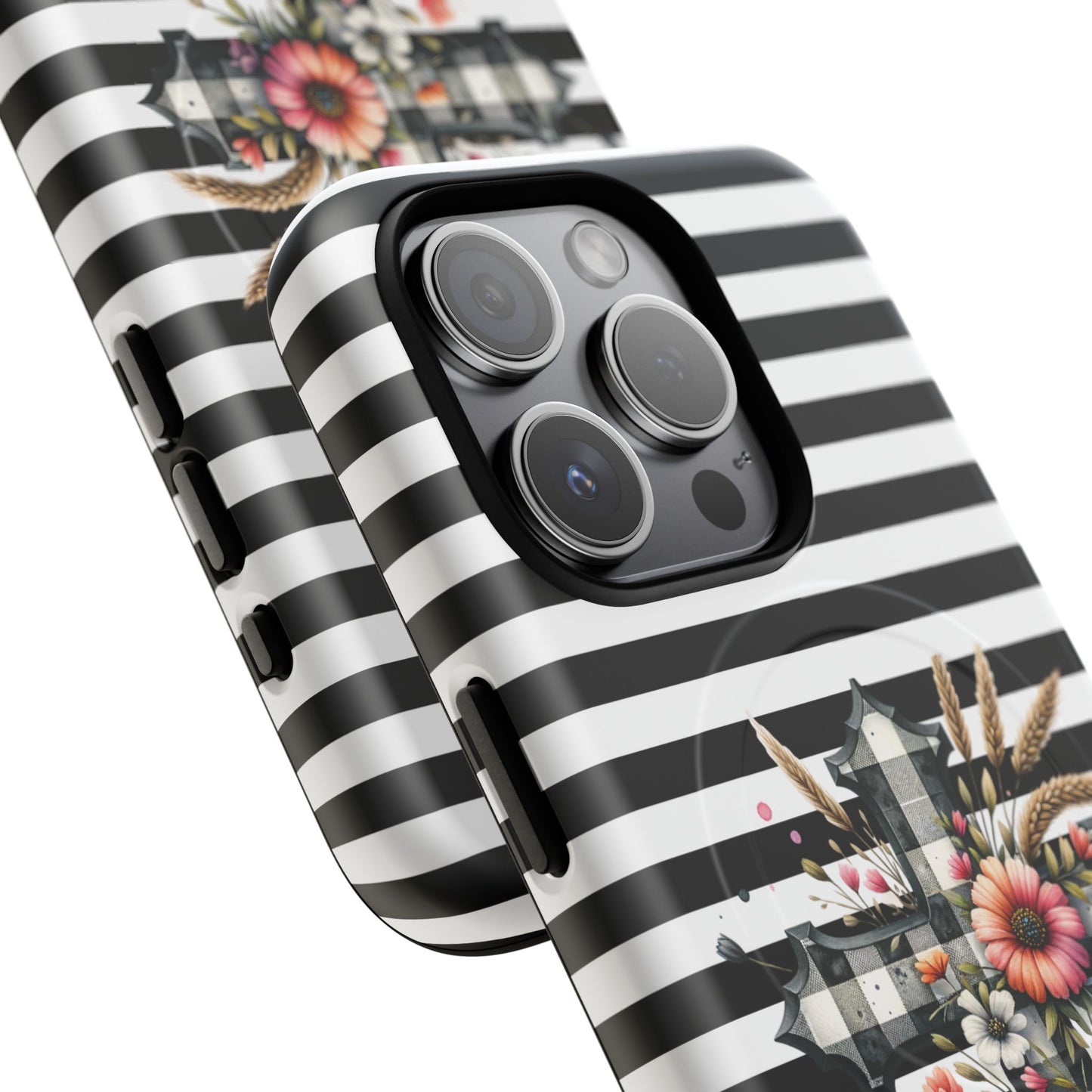 Grace in Bloom Tough Magnetic iPhone Case with Floral Cross Design, Boho iPhone Cover, Striped iPhone Case, Unique Religious Gift, Trendy Cell iPhone Accessory.