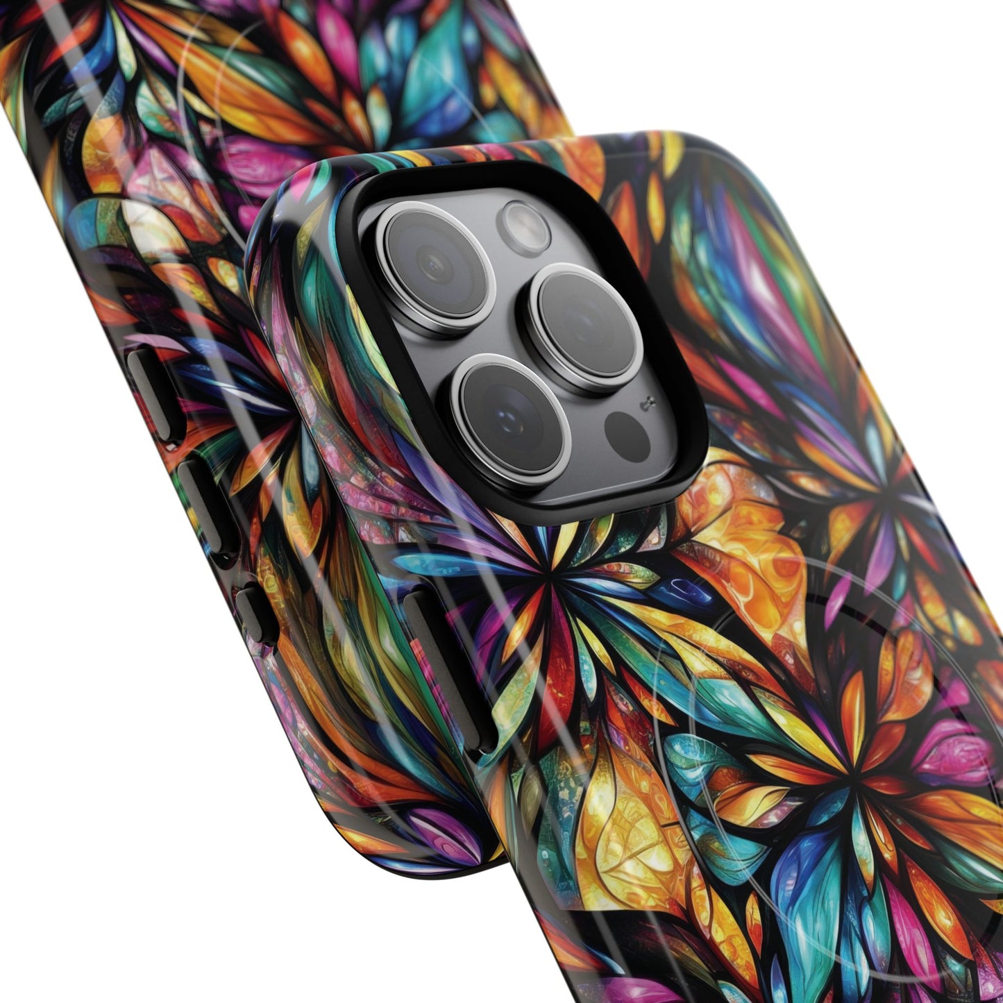 Luminous Whirl Tough Magnetic iPhone Cases, Vibrant Protection, Unique Floral Print, Durable Cover, Gift for Tech Lovers, iPhone Accessory, Stained Glass iPhone Design.