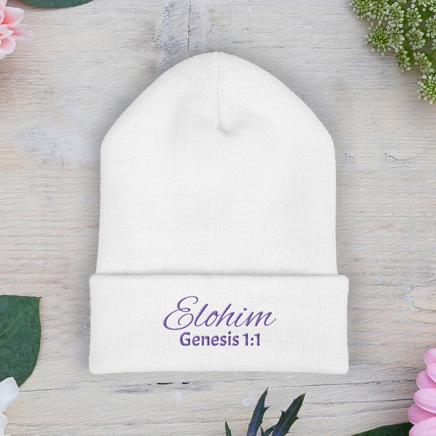 Purple Embroidered 'ELOHIM, GENESIS 1:1' Classic Cuffed Beanie - Cozy Winter Hat, Streetwear Accessory, Personalized Gifts, Religious Apparel, Unisex Beanie