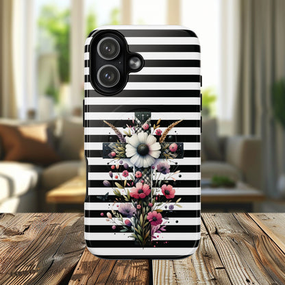 Faith in Bloom Tough iPhone Magnetic Case, iPhone Accessories, Floral iPhone Cover, Durable Cases for Gifts, Black and White Stripes