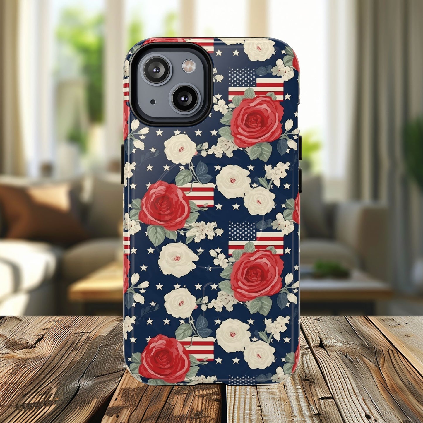 Liberty in Bloom Tough iPhone Magnetic Case, Floral Design, Gift for Moms, Gift for Dads,  iPhone Accessories, Patriotic iPhone Accessory.