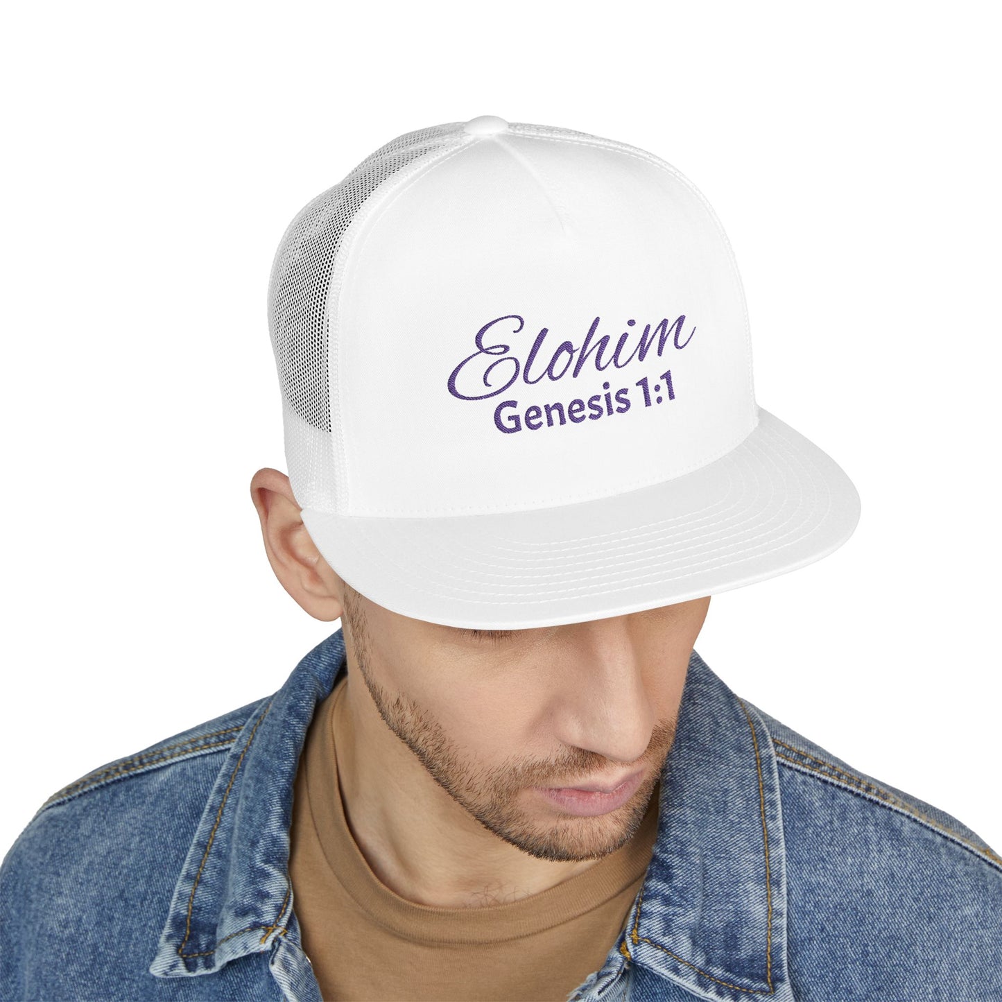 Purple 'ELOHIM, GENESIS 1:1'  Embroidered 5 Panel Trucker Cap | Casual Style Hat, Adjustable, Unisex, Perfect Gift for Outdoors, Festivals, Daily Wear