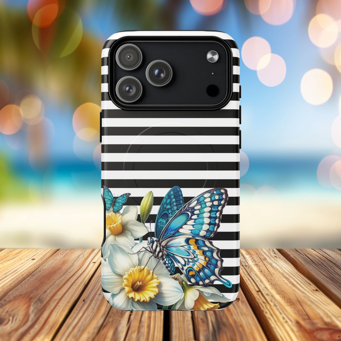 Daffodil Flutter Tough iPhone Magnetic Case, Floral iPhone Accessories, Stylish iPhone Cover, Black Striped Design, Gift for Her, Trendy iPhone