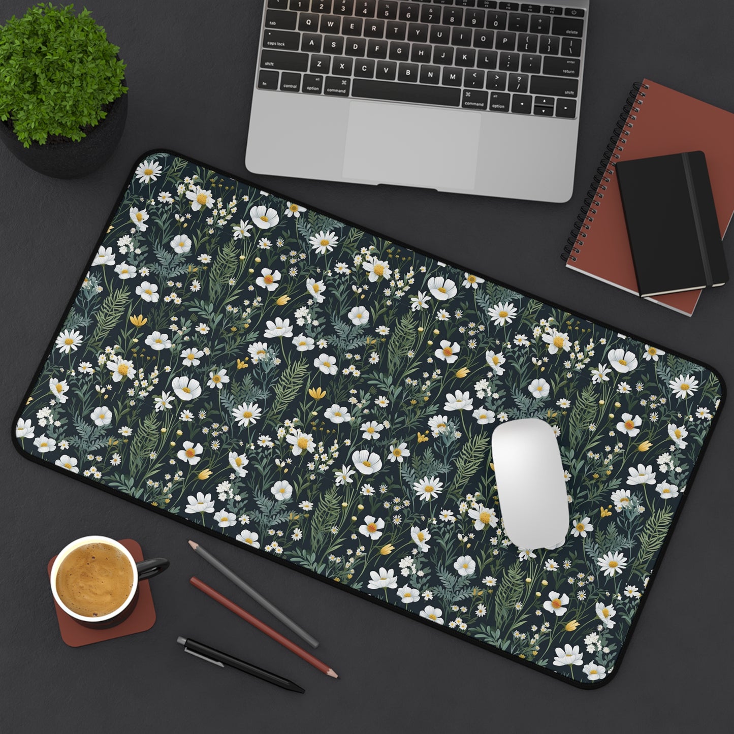 Daisy Delight Floral Desk Mat - Elegant Botanical Design for Home Office Decor.