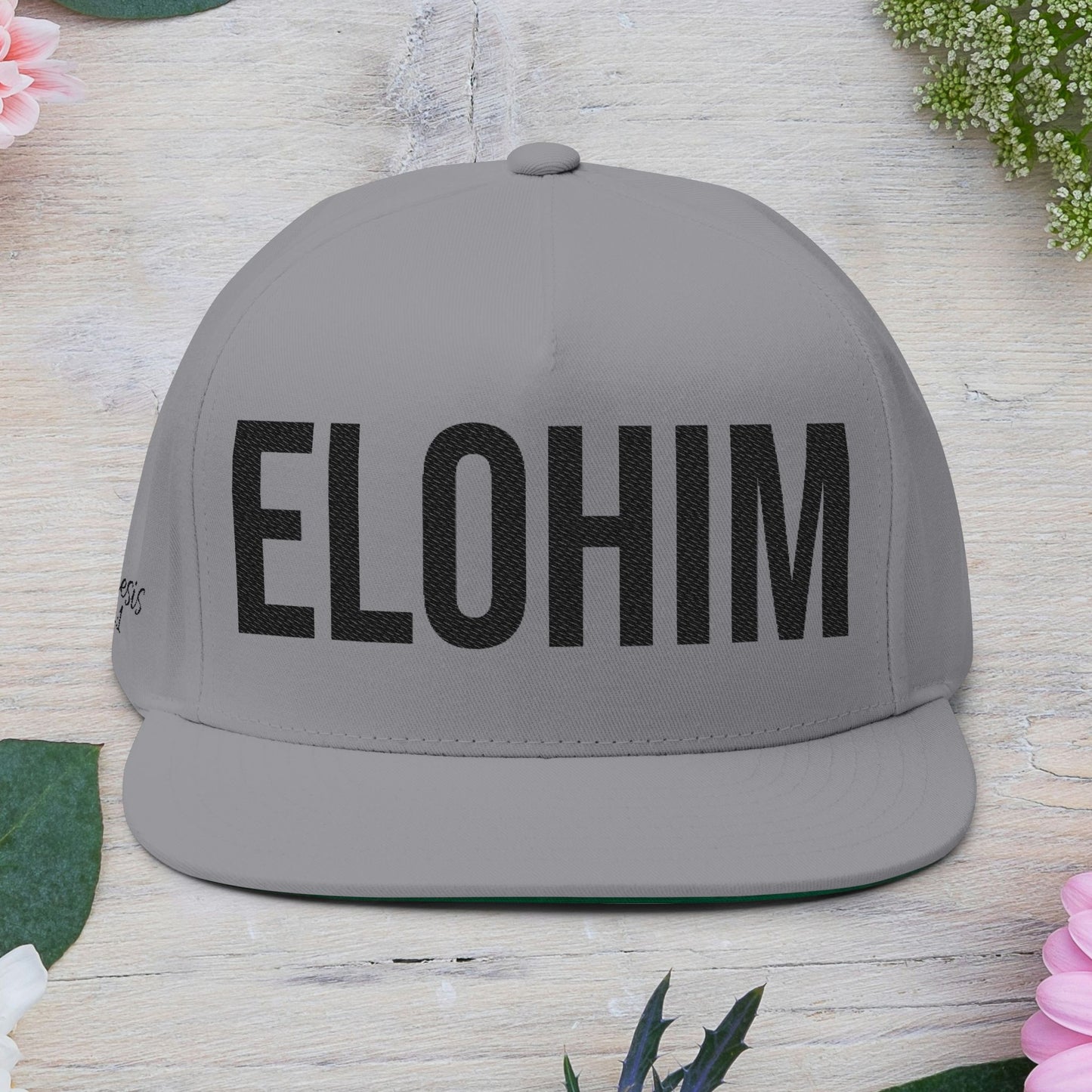 Stylish Flat Bill Cap with ELOHIM GENESIS 1:1 Embroidery - Perfect for Christian Occasion, Trendy Hat for Men and Women, Gift for Graduations, Summer Cap.