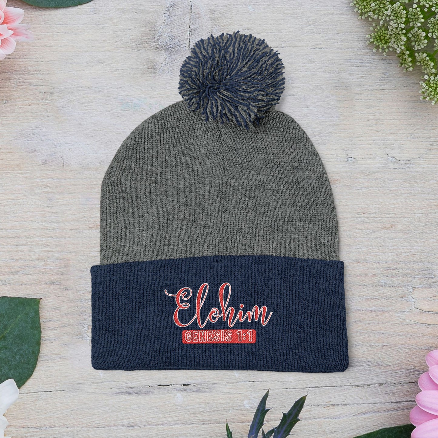 Red Pom-Pom Knit Cap with 'ELOHIM, GENESIS 1:1'  Embroidery Beanie - Stylish Winter Accessory for All Ages, Perfect Gift for Birthdays, Holidays, and Outdoor Activities
