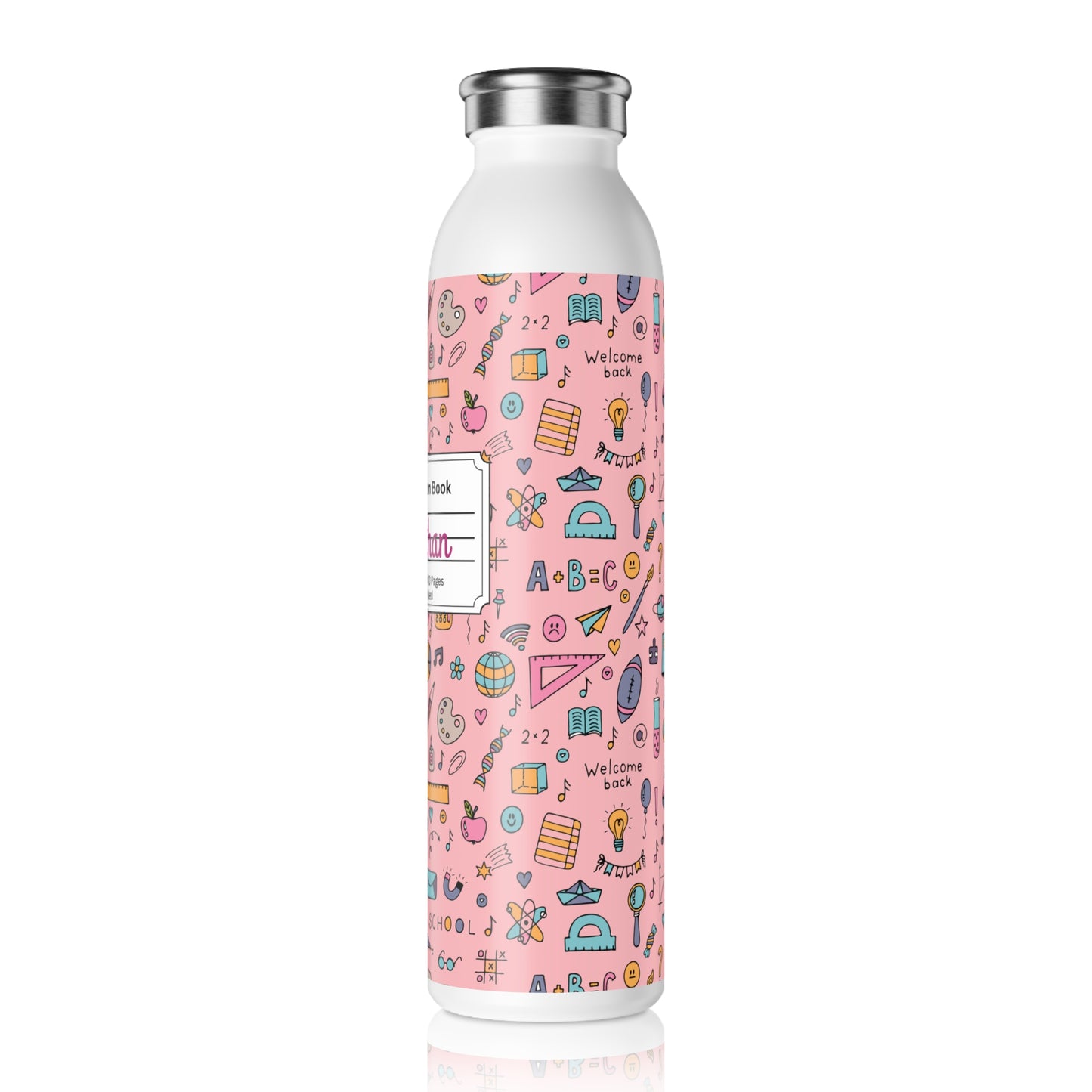 Personalized Pink Chalkboard Chic Composition Book Inspired Slim Water Bottle, Customizable Drinkware, Eco-Friendly Hydration Bottle, Perfect for Gifts, School Supplies, Back to School