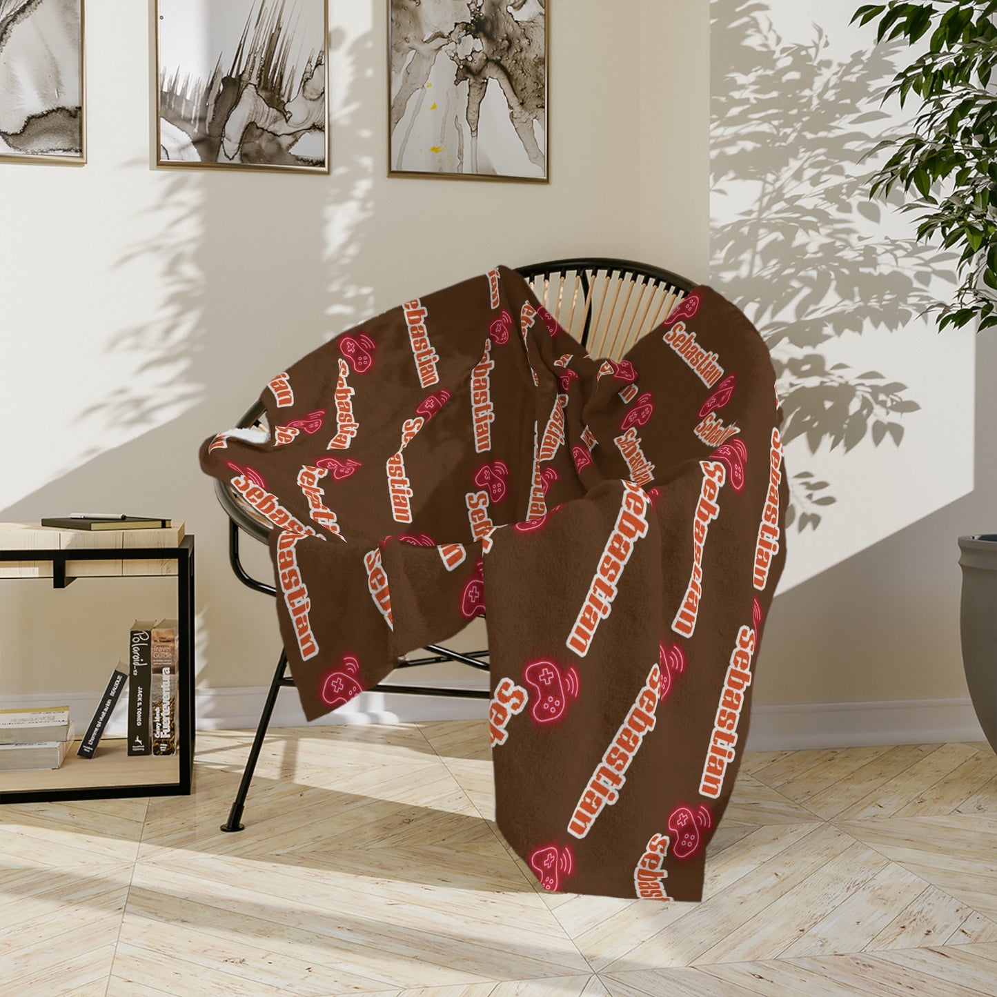 Personalized Name Velveteen Microfiber Blanket — Brown Patterned Name Script Cozy Throw- Gift for Him or Gift for Her.