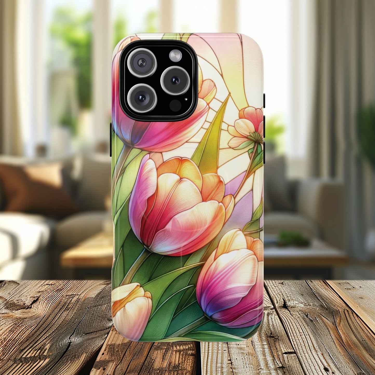 Tulip Glow Tough iPhone Magnetic Case, Floral Design, Spring Gift, Durable Protection, Smartphone Accessories, MagSafe Accessories, Stained Glass Tulip Gift