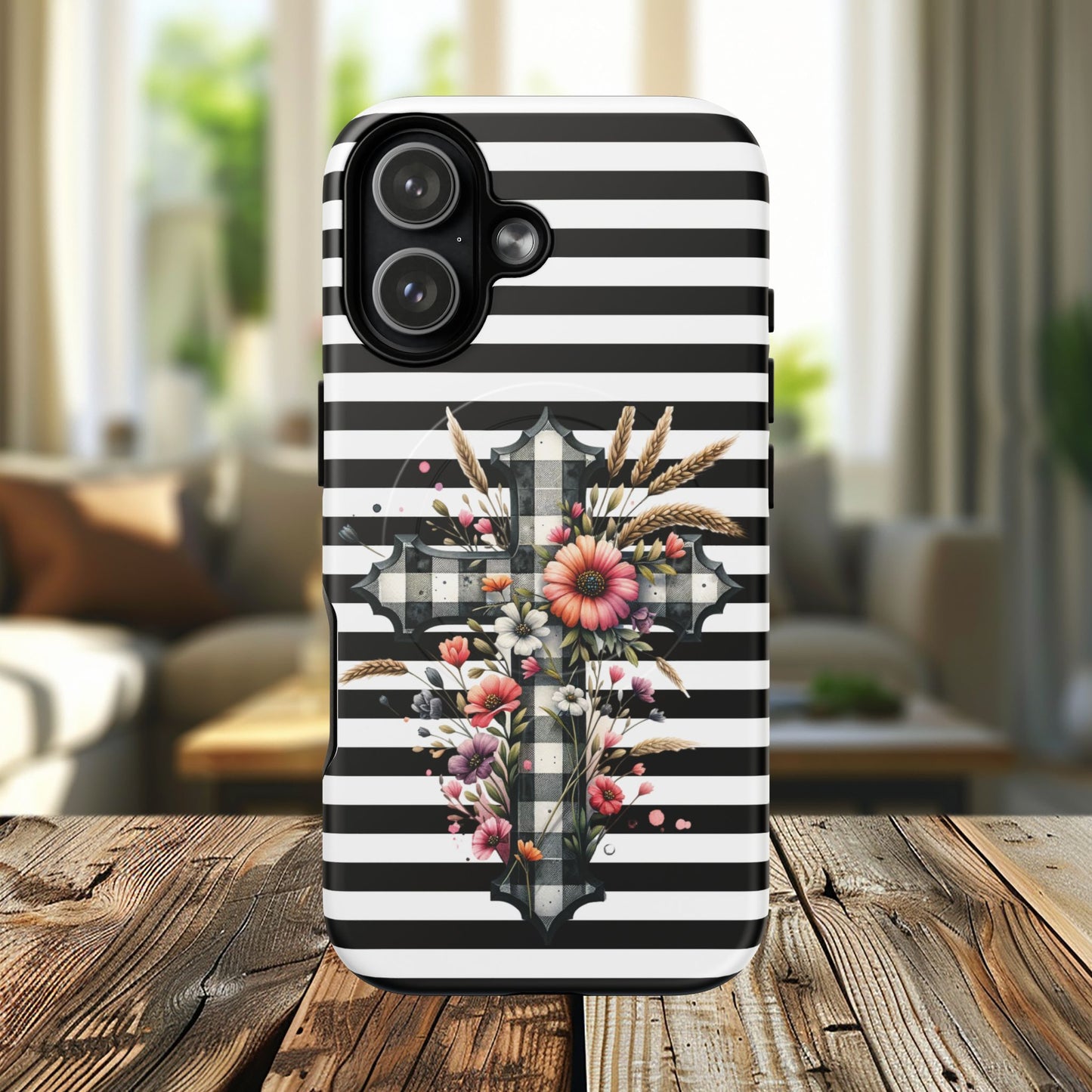 Grace in Bloom Tough Magnetic iPhone Case with Floral Cross Design, Boho iPhone Cover, Striped iPhone Case, Unique Religious Gift, Trendy Cell iPhone Accessory.